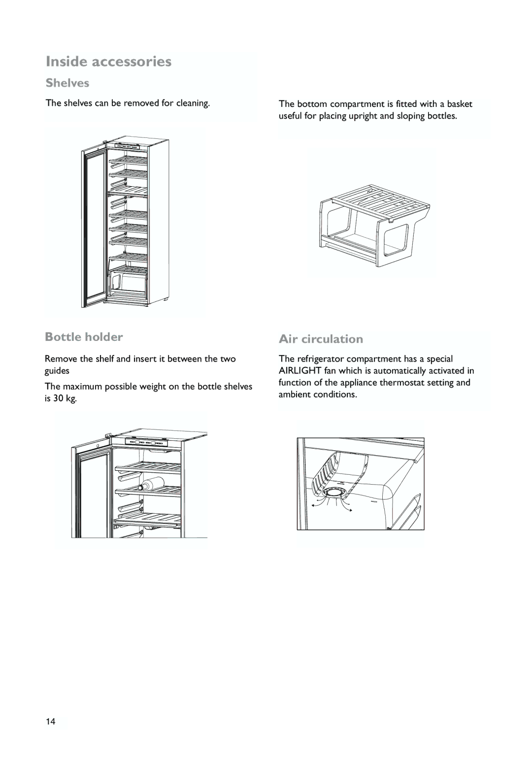 John Lewis JLWFF1552 instruction manual Inside accessories, Shelves, Bottle holder, Air circulation 