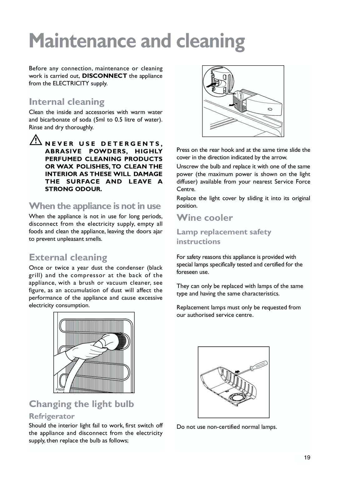 John Lewis JLWFF1552 Maintenance and cleaning, Internal cleaning, External cleaning, Changing the light bulb, Wine cooler 