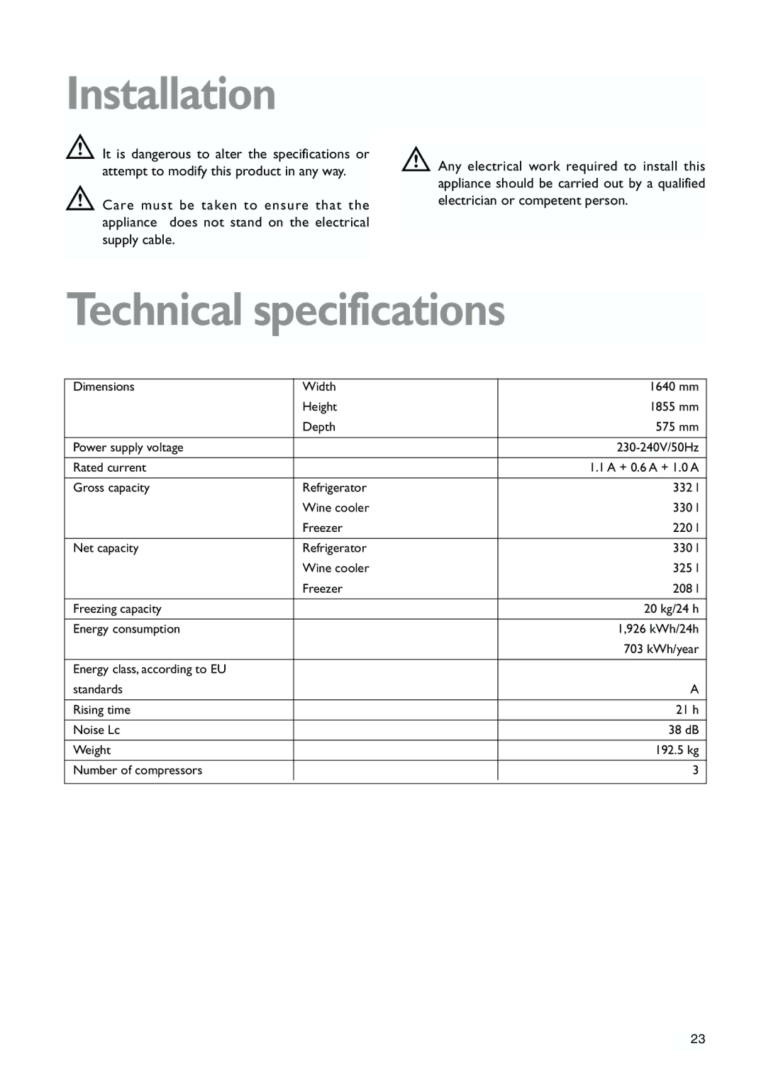 John Lewis JLWFF1552 instruction manual Installation, Technical specifications 