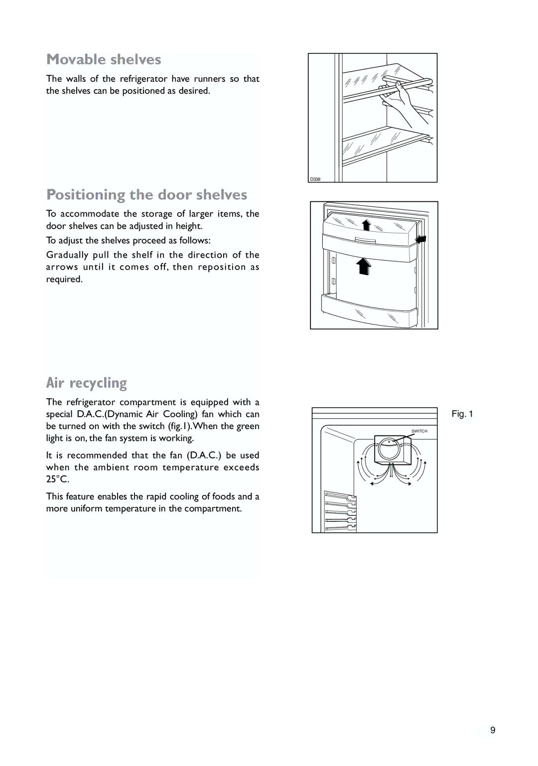 John Lewis JLWFF1552 instruction manual Movable shelves, Positioning the door shelves, Air recycling 