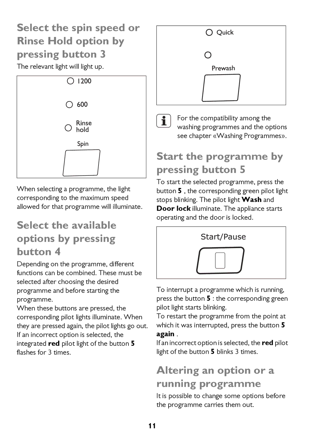 John Lewis JLWM 1200 Select the available options by pressing button, Start the programme by pressing button 