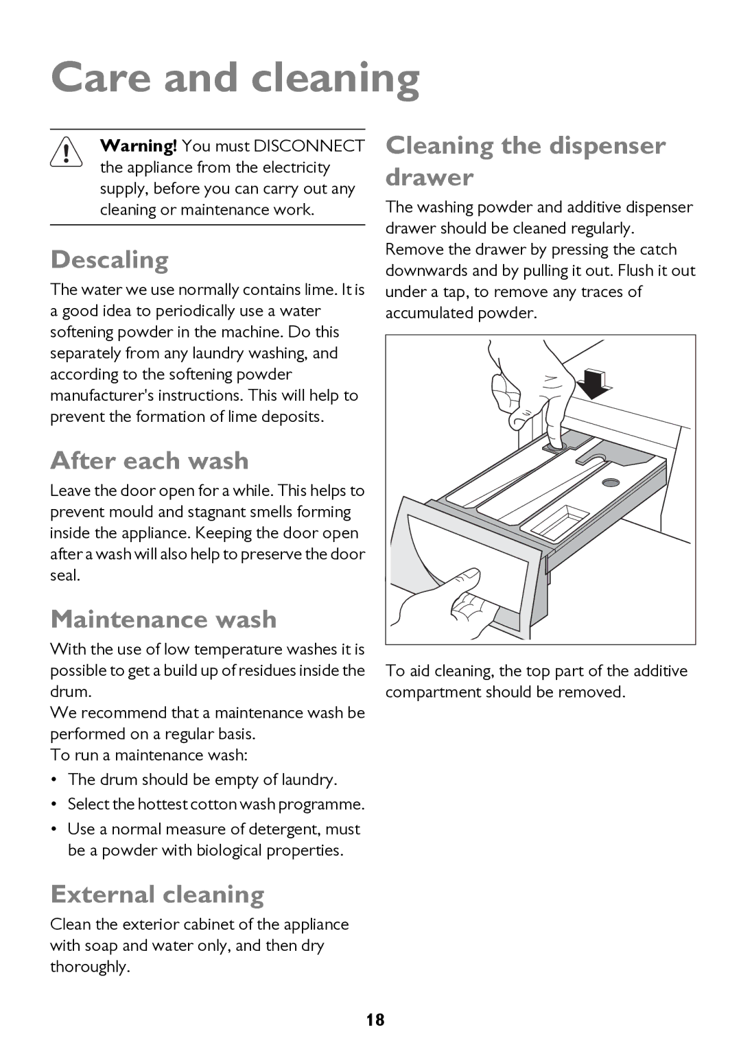 John Lewis JLWM 1200 instruction manual Care and cleaning 