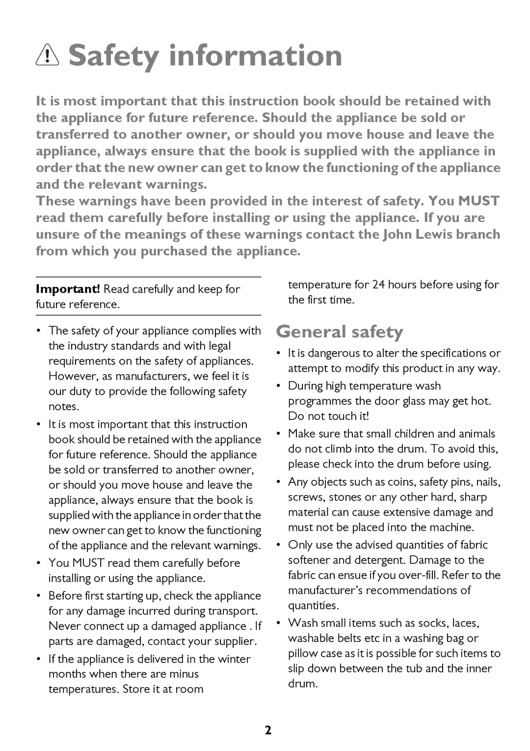 John Lewis JLWM 1200 instruction manual Safety information, General safety 