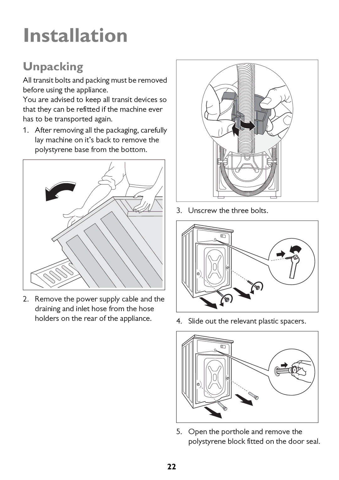 John Lewis JLWM 1200 instruction manual Installation, Unpacking 