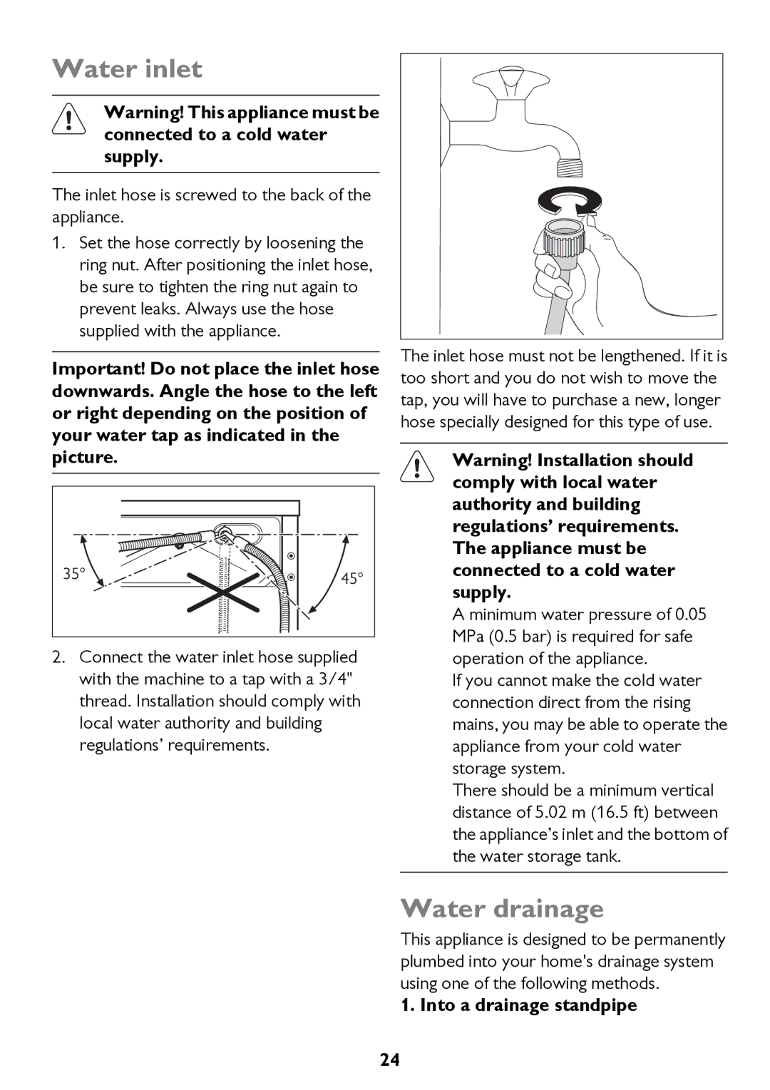 John Lewis JLWM 1200 instruction manual Water inlet, Water drainage, Inlet hose is screwed to the back of the appliance 