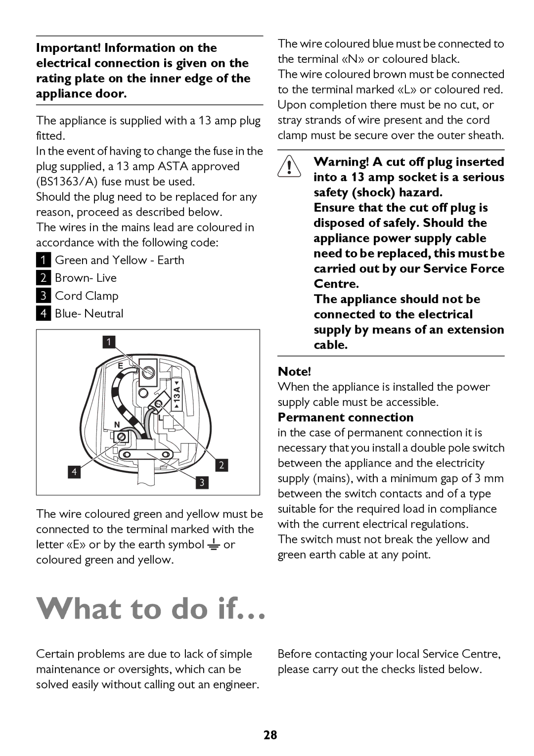 John Lewis JLWM 1200 instruction manual What to do if…, Permanent connection 