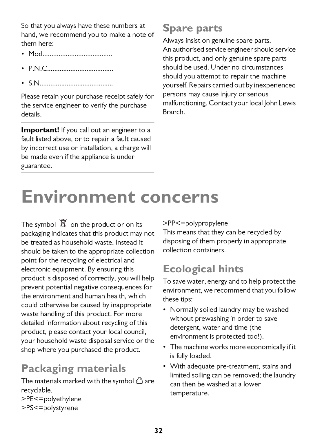 John Lewis JLWM 1200 instruction manual Environment concerns, Spare parts, Packaging materials, Ecological hints 