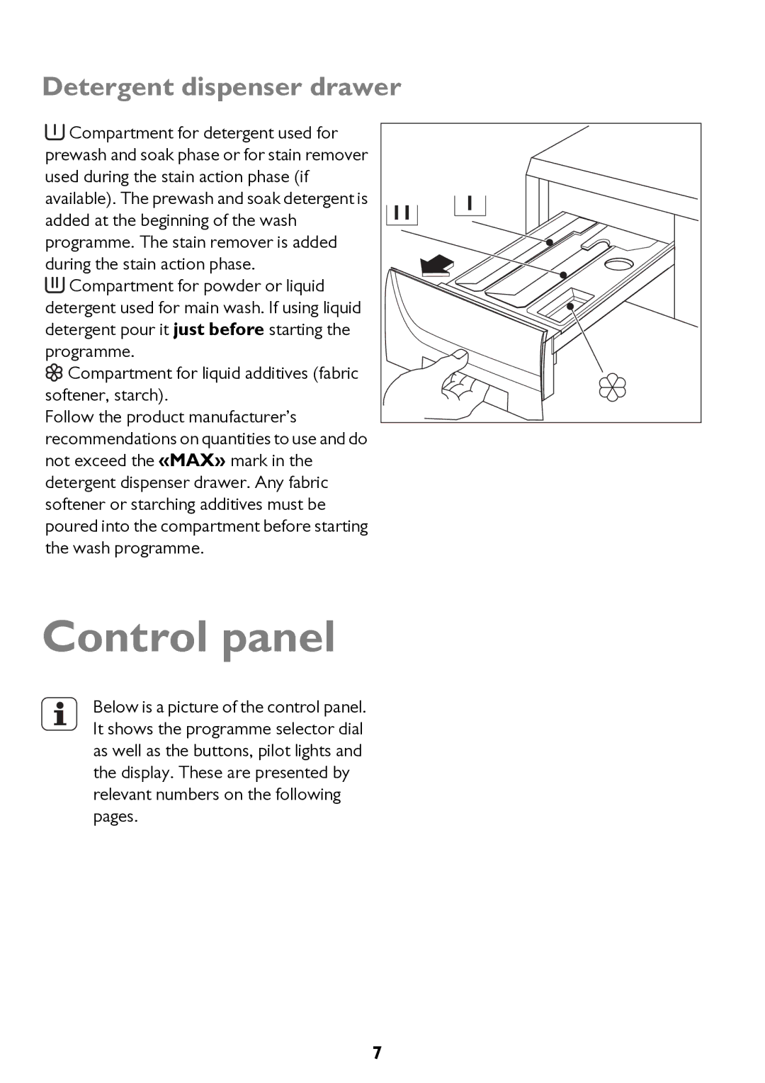 John Lewis JLWM 1200 instruction manual Control panel, Detergent dispenser drawer 