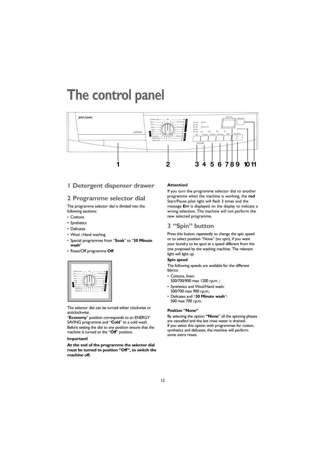 John Lewis JLWM 1203 Control panel, Detergent dispenser drawer Programme selector dial, Spin button, Spin speed 