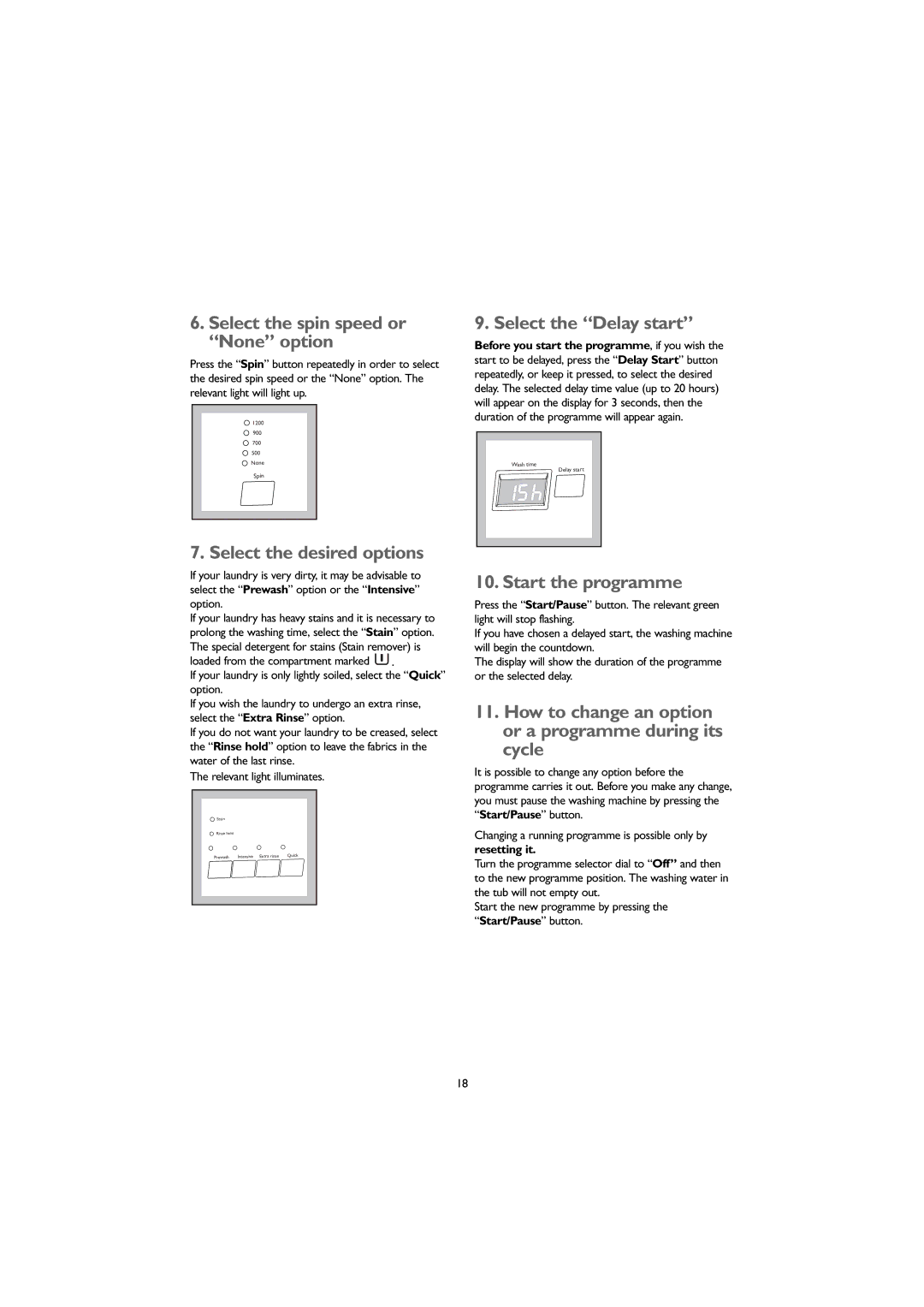 John Lewis JLWM 1203 Select the spin speed or None option, Select the Delay start, Select the desired options 