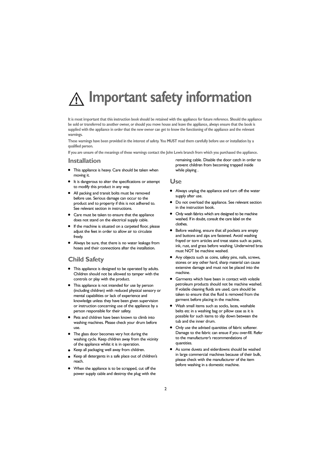 John Lewis JLWM 1203 instruction manual Installation, Child Safety, Use 