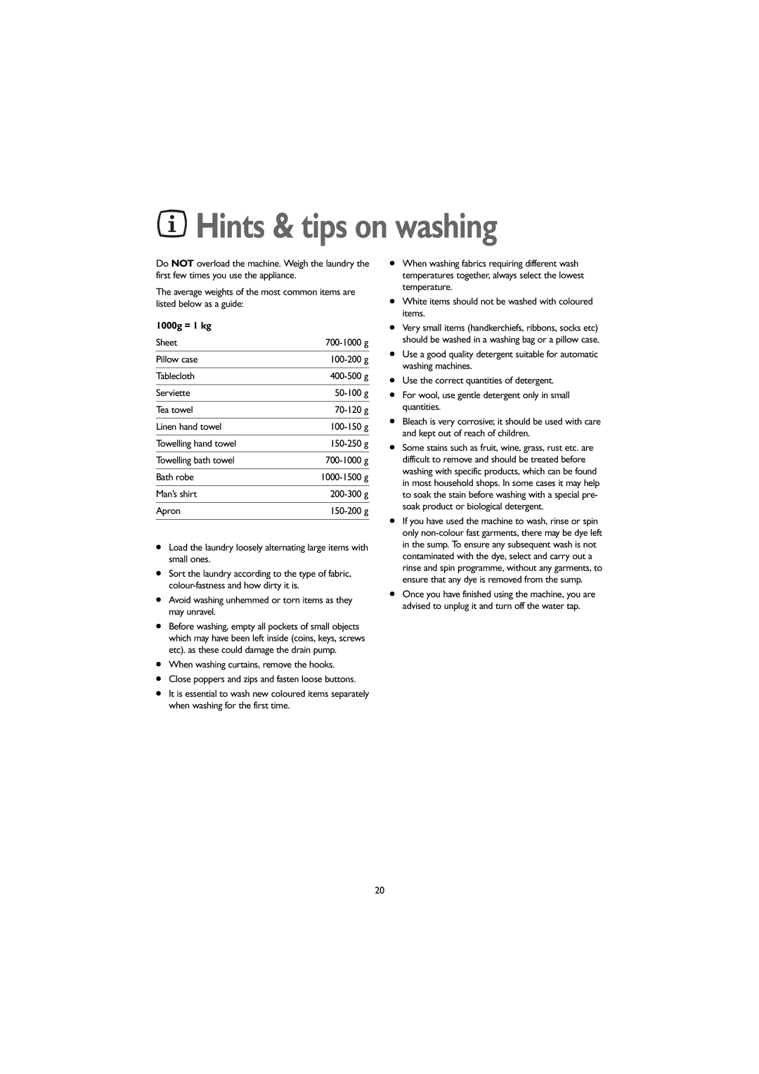 John Lewis JLWM 1203 instruction manual Hints & tips on washing, 1000g = 1 kg, Sheet, Bath robe 