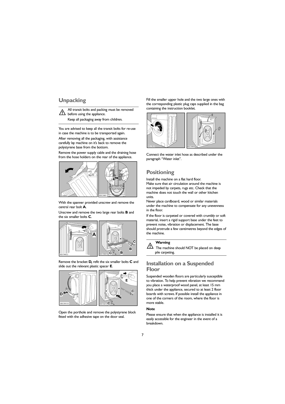 John Lewis JLWM 1203 instruction manual Unpacking, Positioning, Installation on a Suspended Floor 