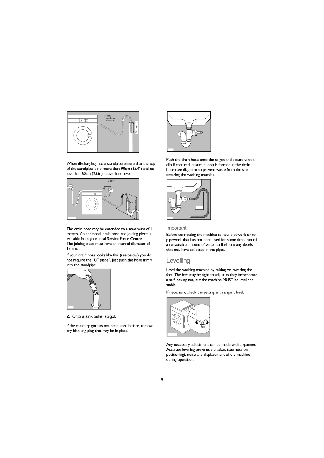 John Lewis JLWM 1203 instruction manual Levelling, Onto a sink outlet spigot 