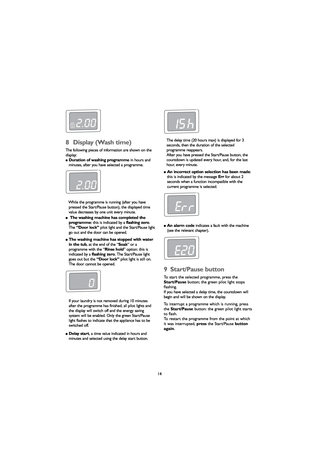 John Lewis JLWM 1203 instruction manual 2.00, Display Wash time, Start/Pause button 