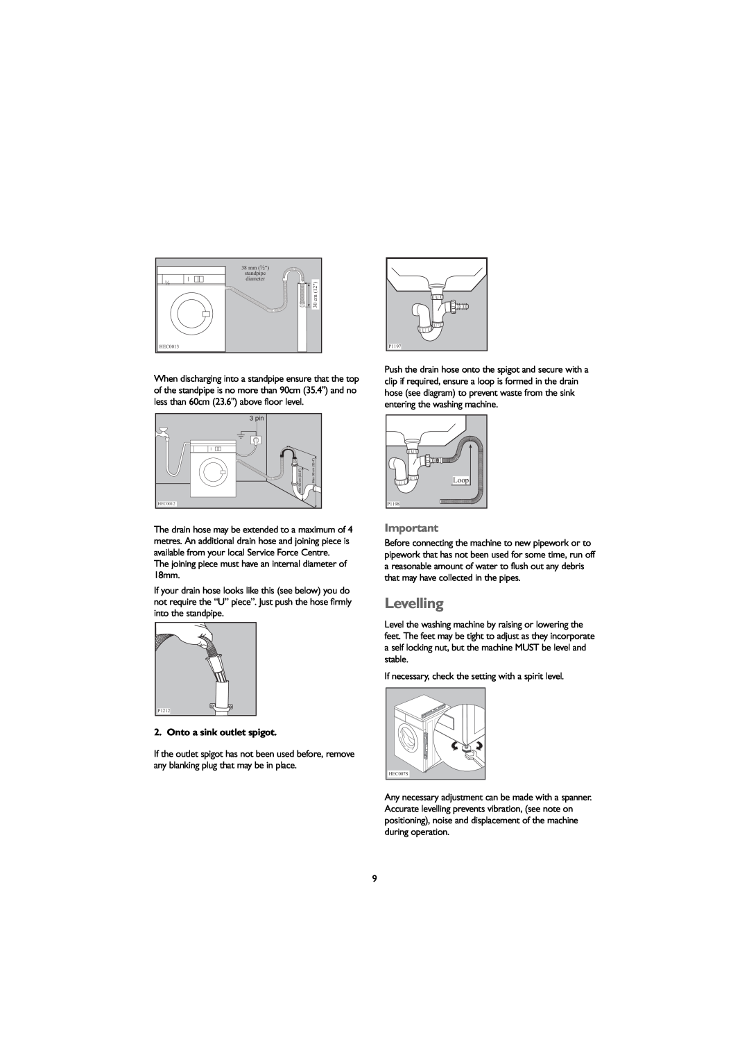 John Lewis JLWM 1203 instruction manual Levelling, Onto a sink outlet spigot 
