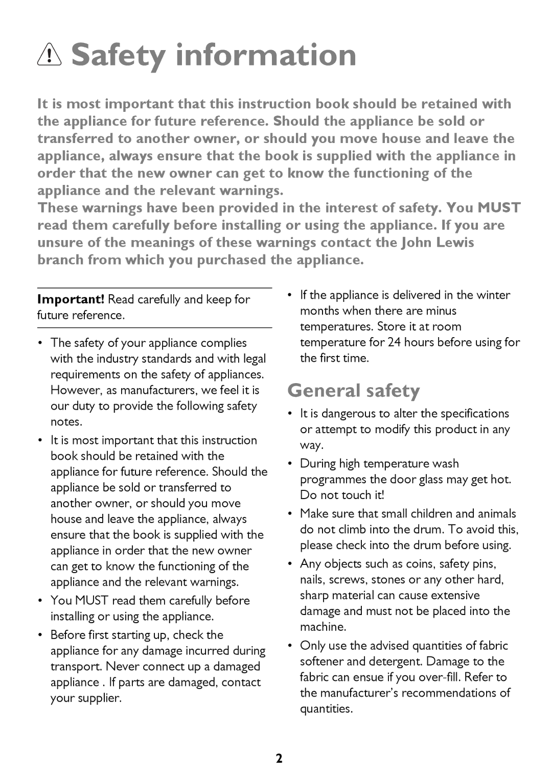 John Lewis JLWM 1404 instruction manual Safety information, General safety 