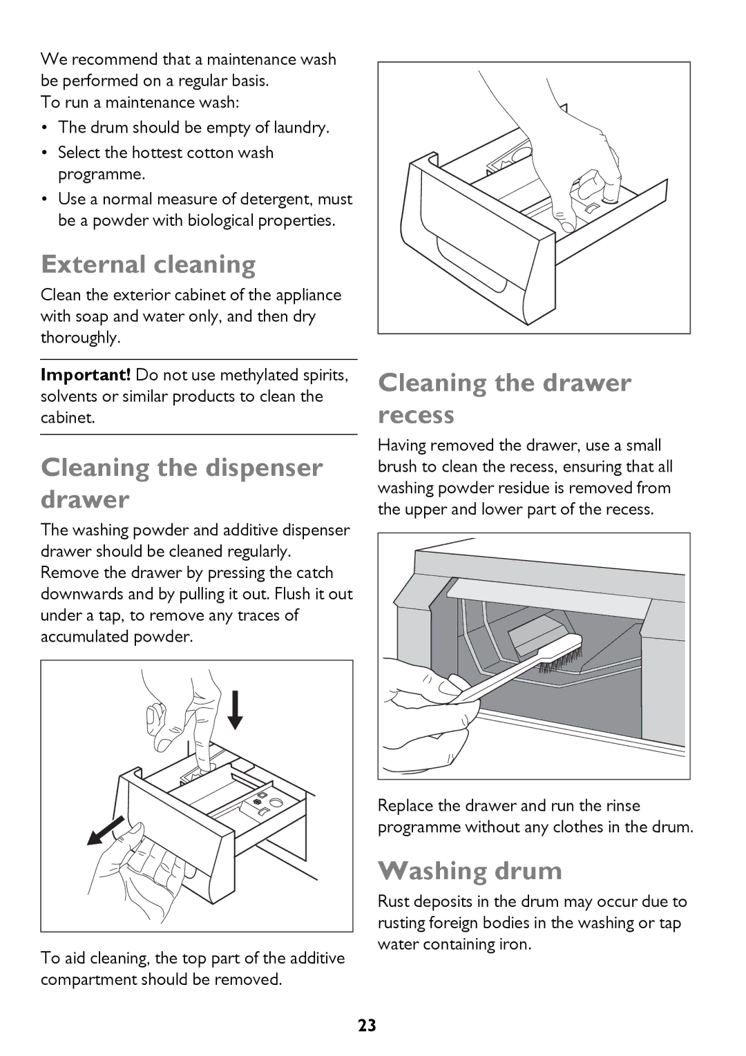 John Lewis JLWM 1404 External cleaning, Cleaning the dispenser drawer, Cleaning the drawer recess, Washing drum 