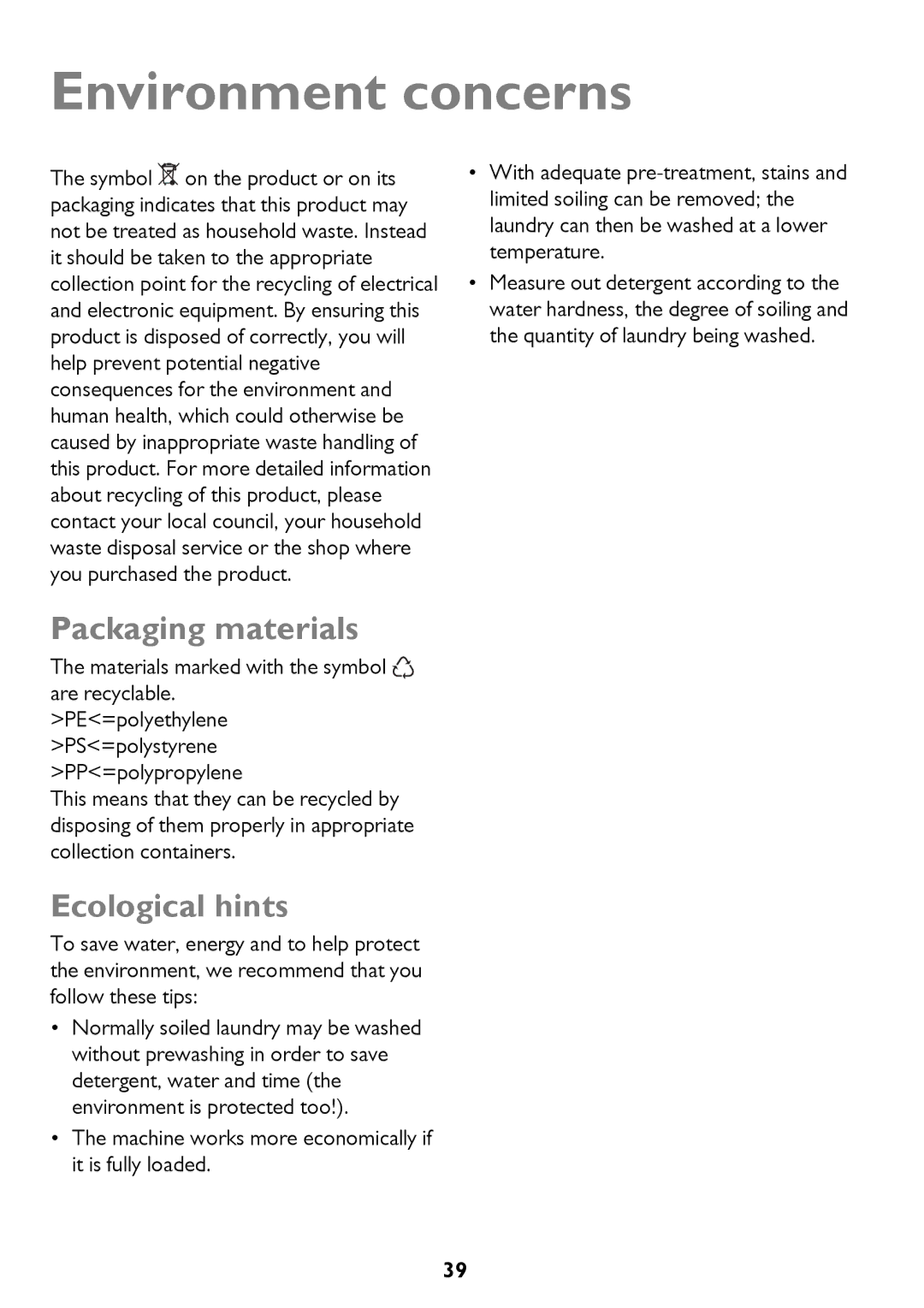 John Lewis JLWM 1404 instruction manual Environment concerns, Packaging materials, Ecological hints 