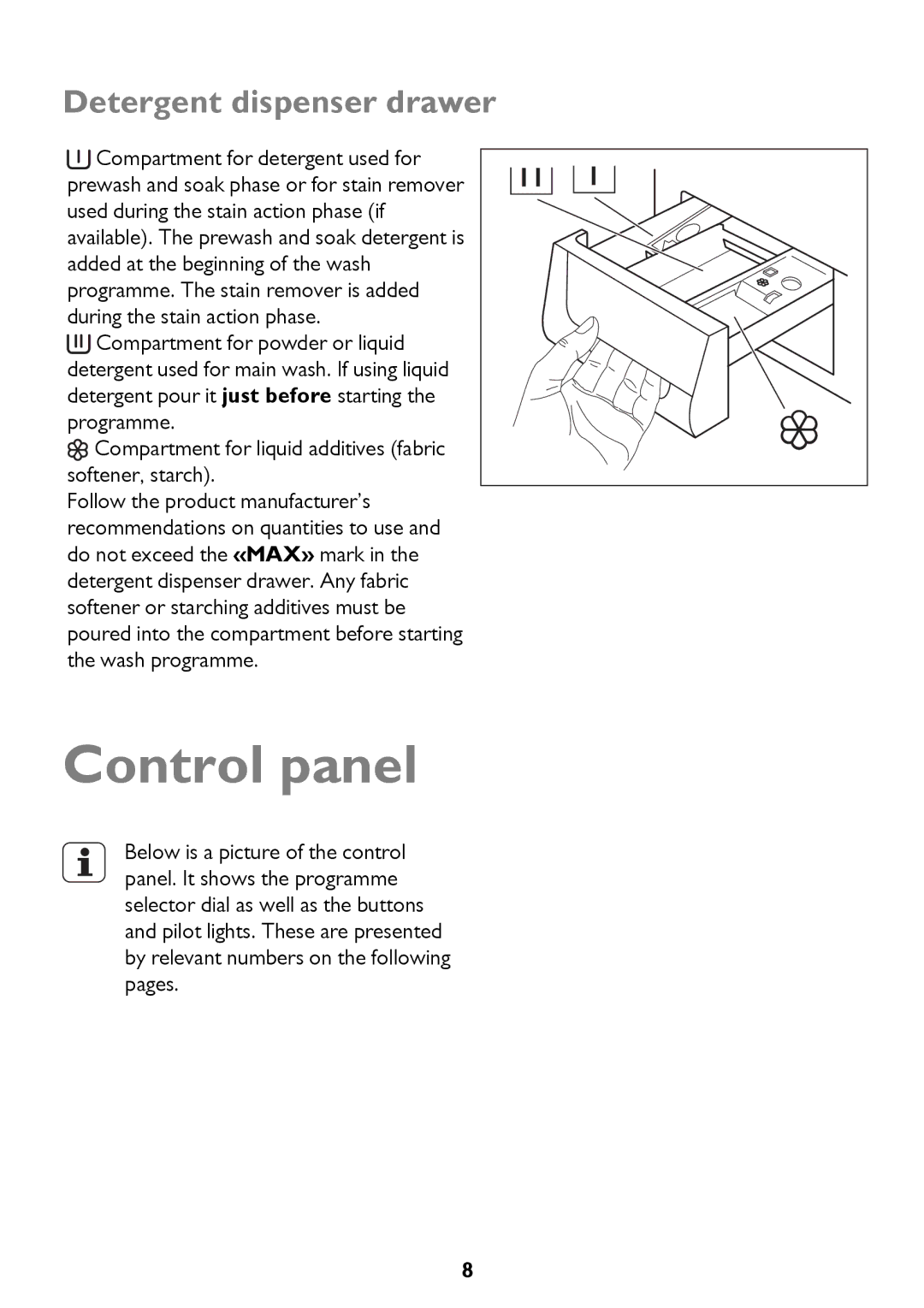 John Lewis JLWM 1404 instruction manual Control panel, Detergent dispenser drawer 