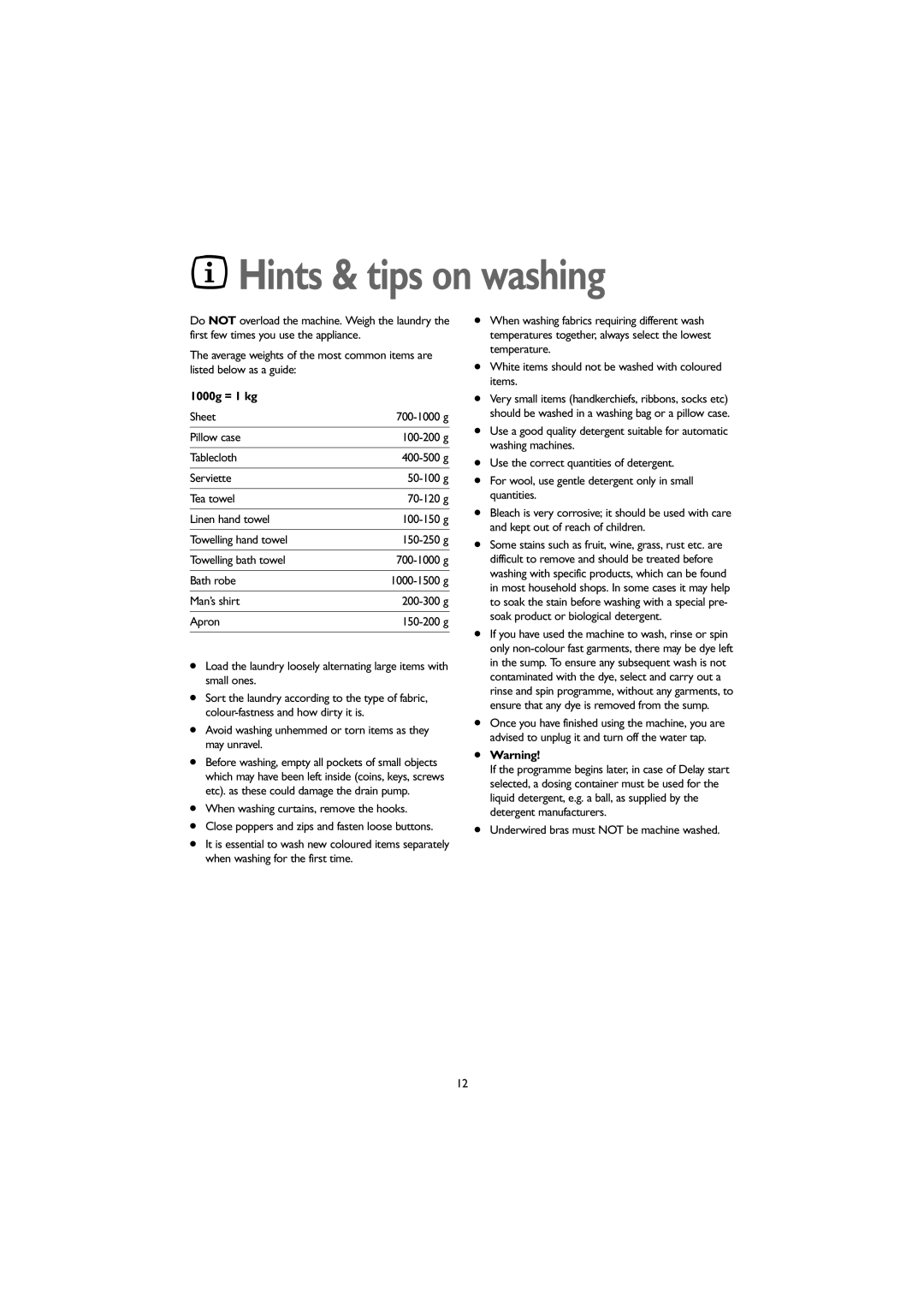 John Lewis JLWM 1406 instruction manual Hints & tips on washing, 1000g = 1 kg, Sheet, Bath robe 