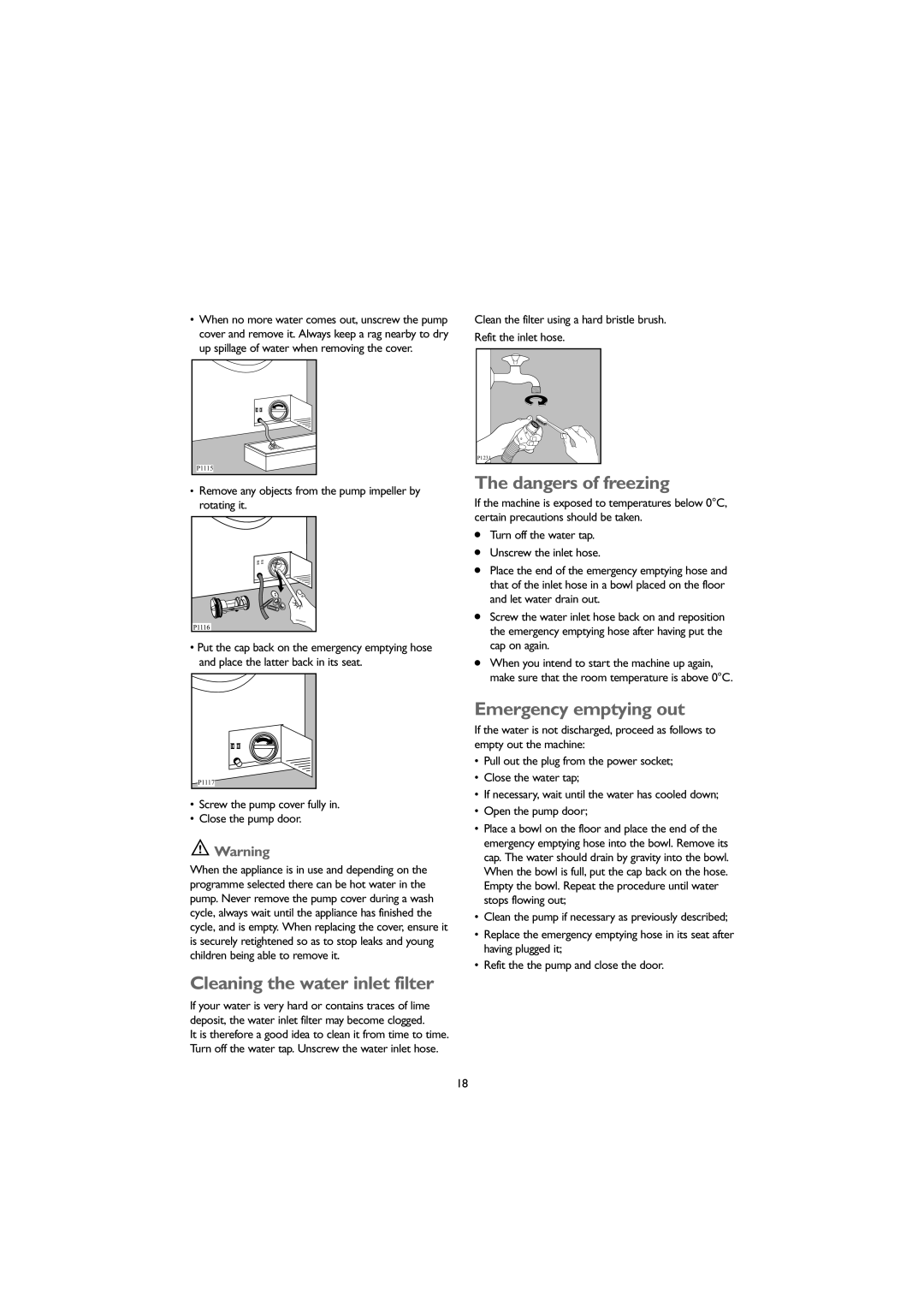 John Lewis JLWM 1406 instruction manual Cleaning the water inlet filter, Emergency emptying out 