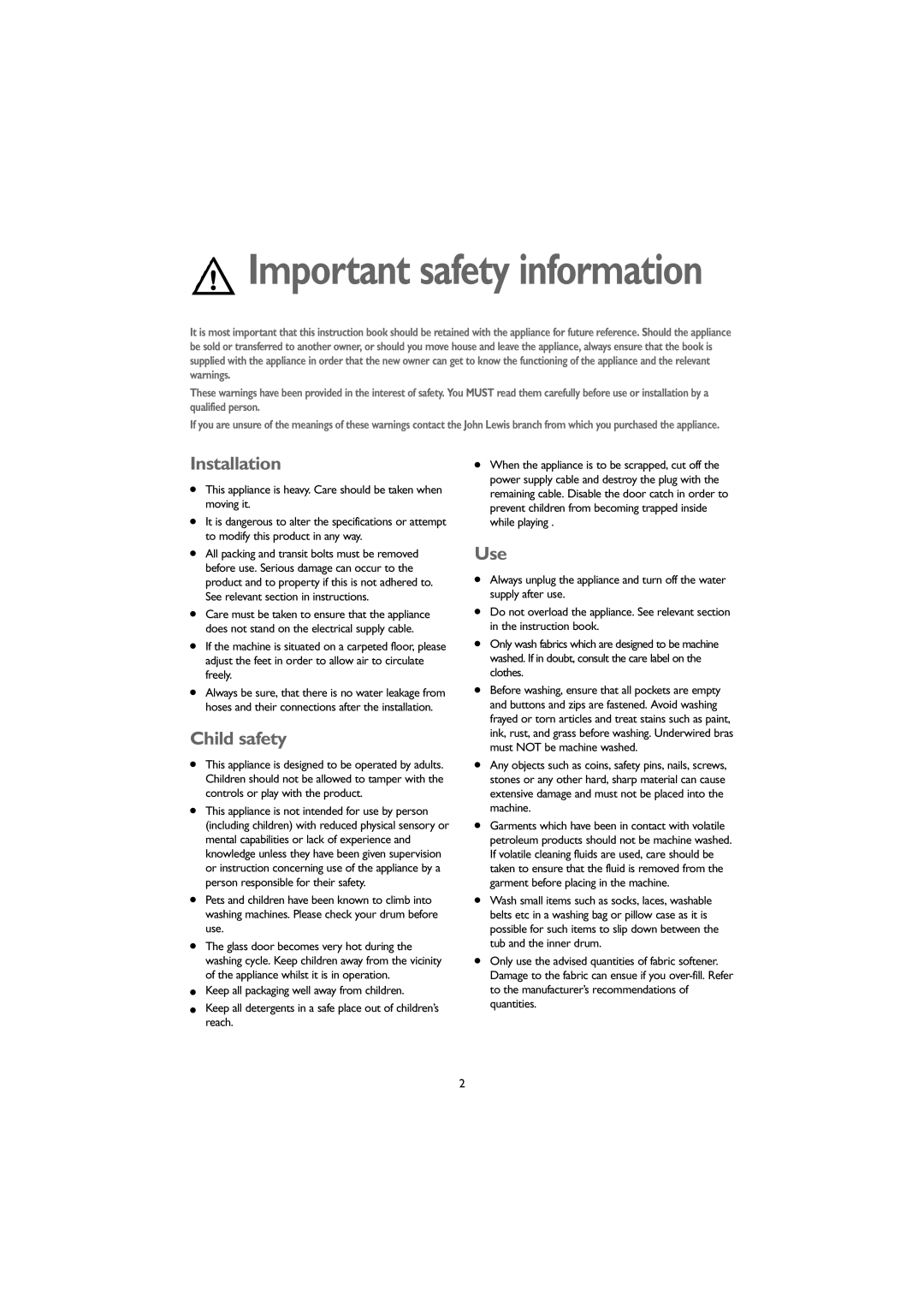 John Lewis JLWM 1406 instruction manual Installation, Child safety, Use 