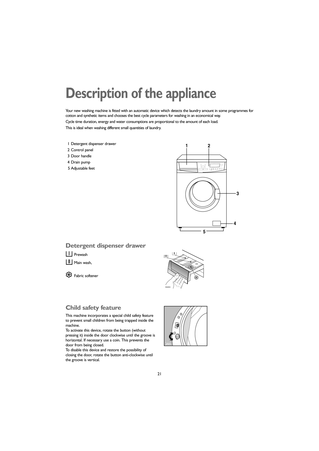 John Lewis JLWM 1406 instruction manual Description of the appliance, Detergent dispenser drawer, Child safety feature 
