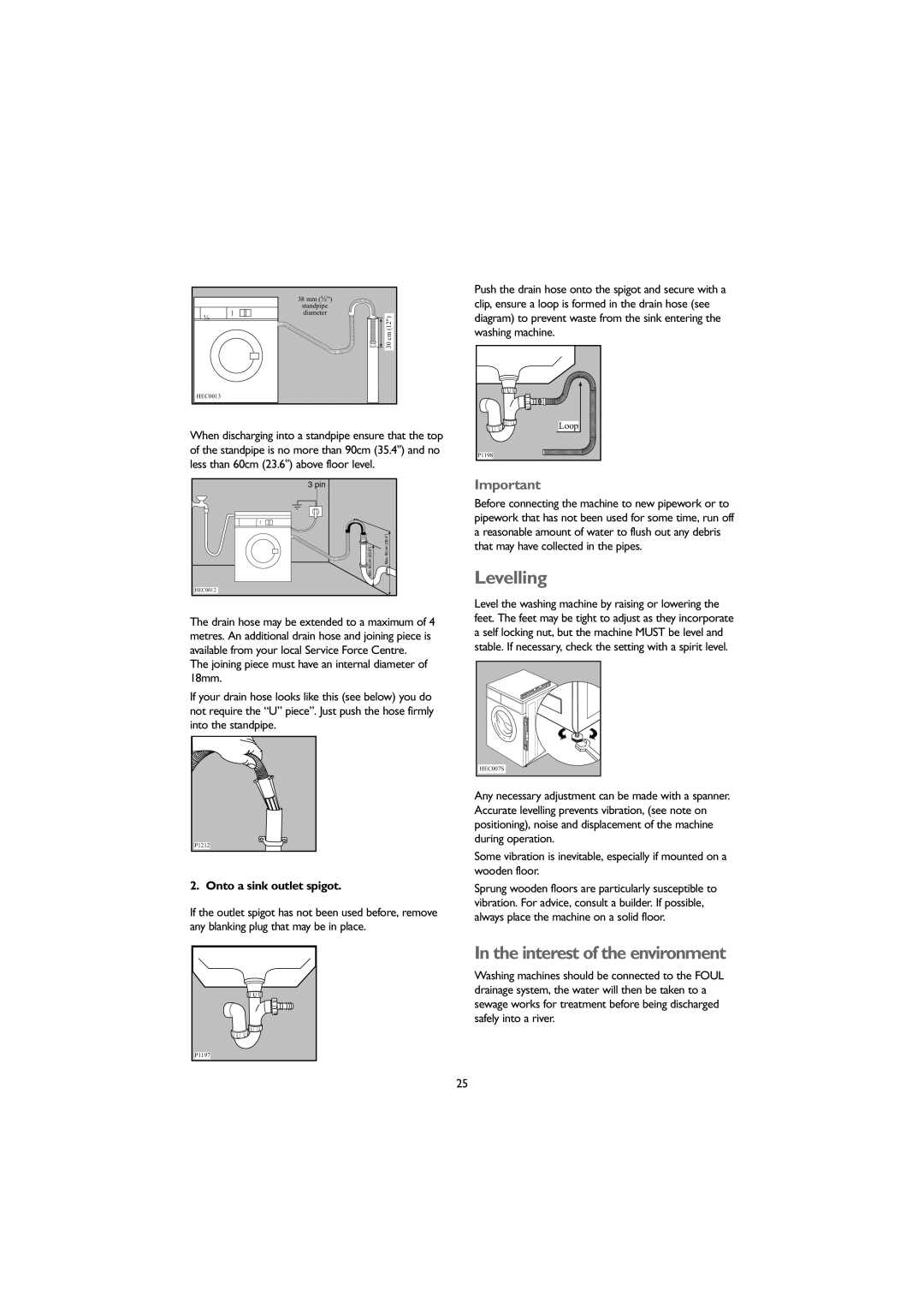 John Lewis JLWM 1406 instruction manual Levelling, In the interest of the environment, Onto a sink outlet spigot 
