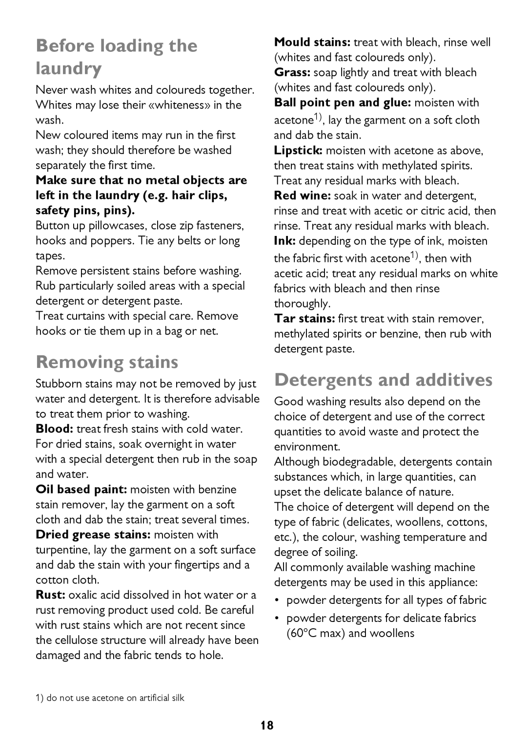 John Lewis JLWM 1410 instruction manual Before loading the laundry, Removing stains, Detergents and additives 