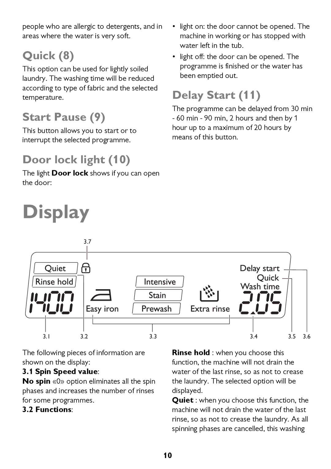 John Lewis JLWM 1604 instruction manual Display, Quick, Start Pause, Delay Start, Door lock light 