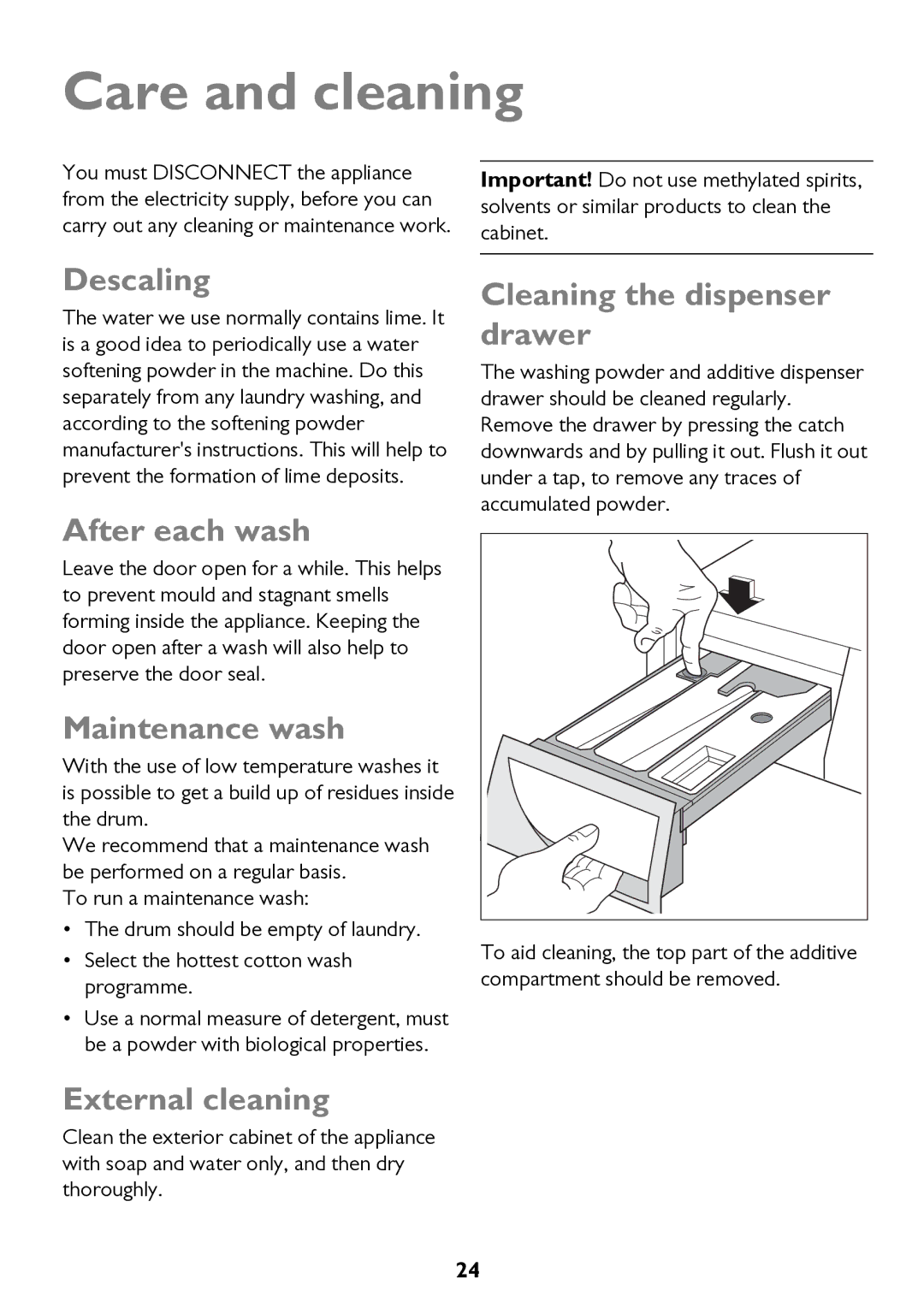 John Lewis JLWM 1604 instruction manual Care and cleaning 