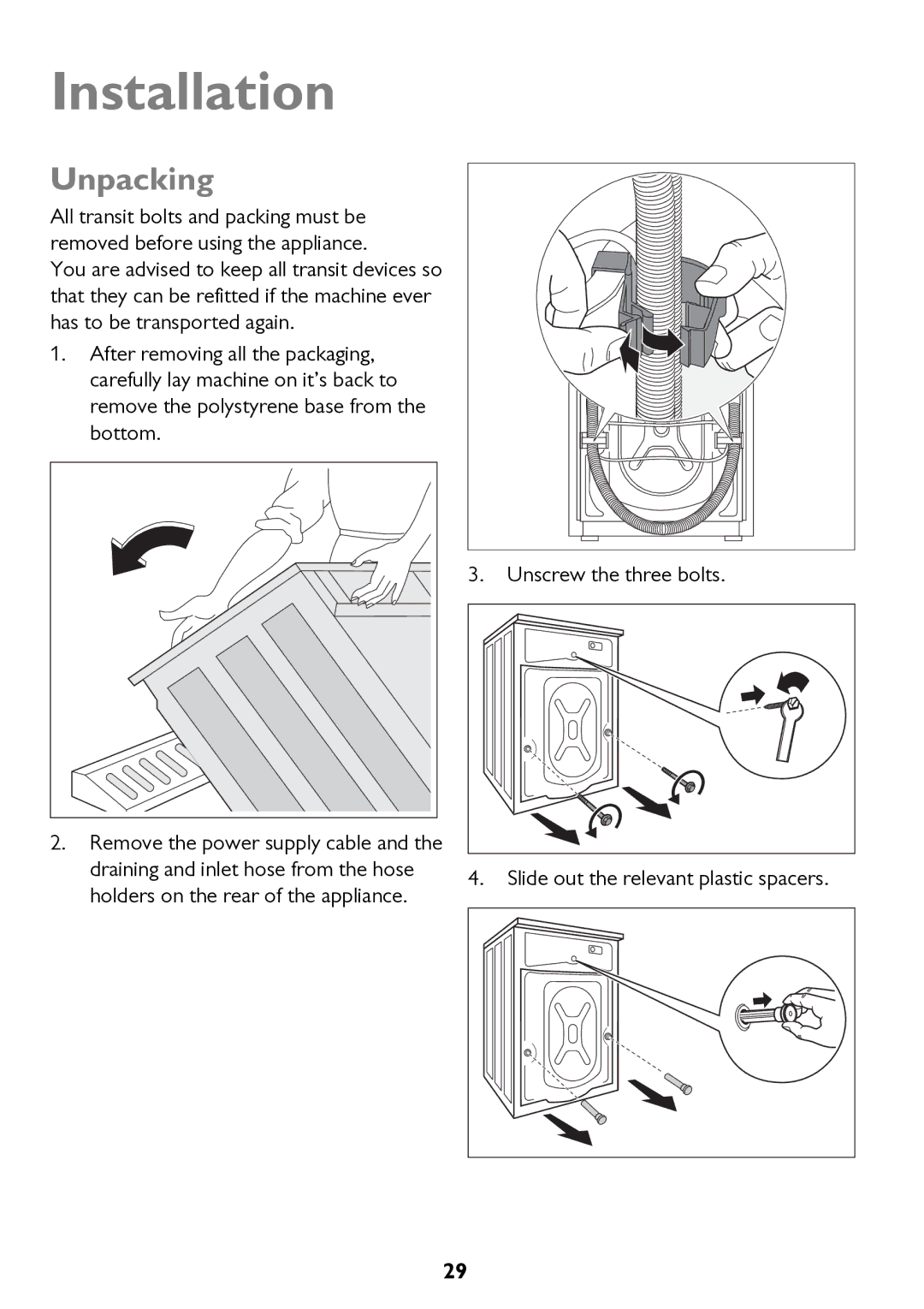 John Lewis JLWM 1604 instruction manual Installation, Unpacking 