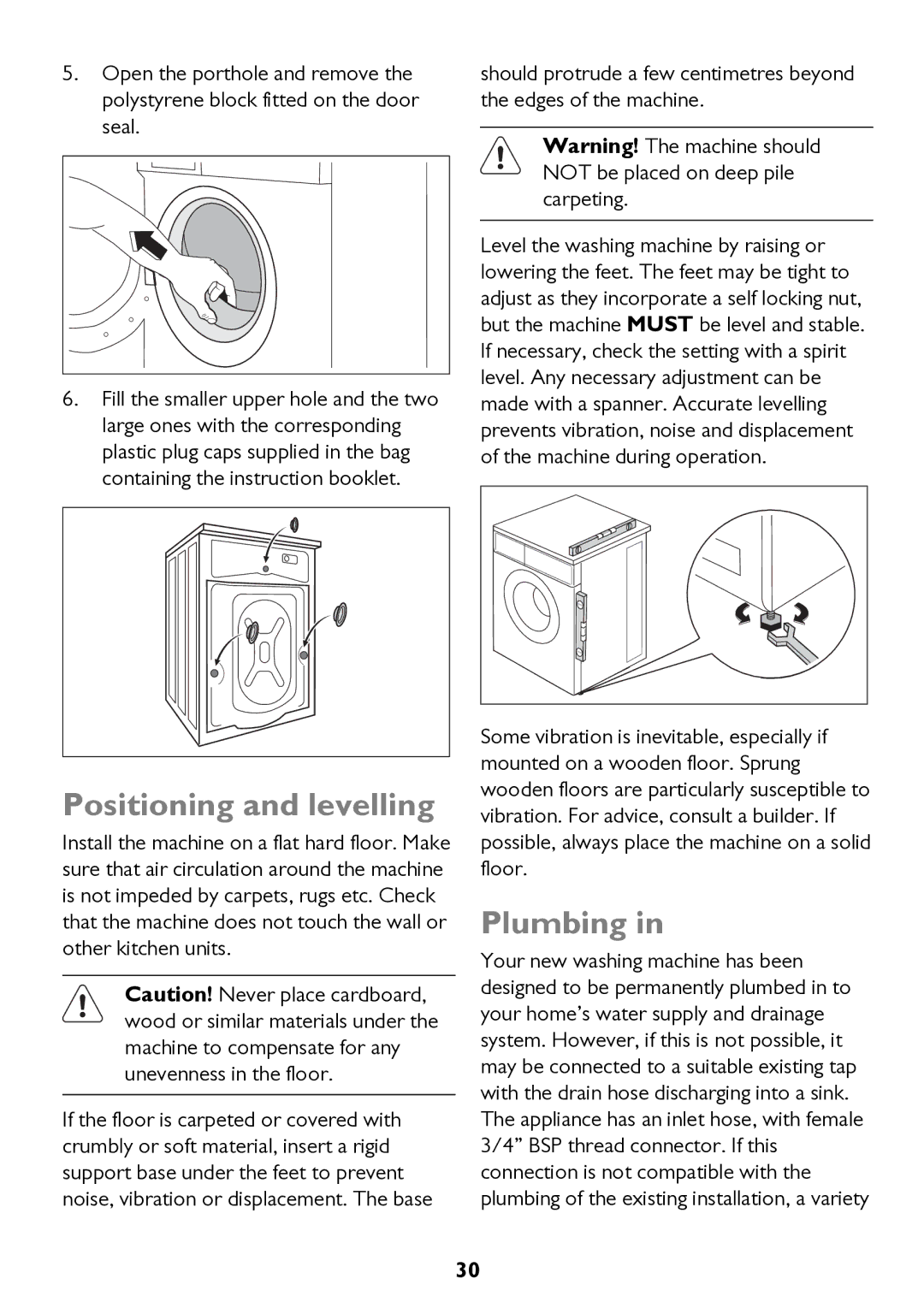 John Lewis JLWM 1604 instruction manual Positioning and levelling, Plumbing 