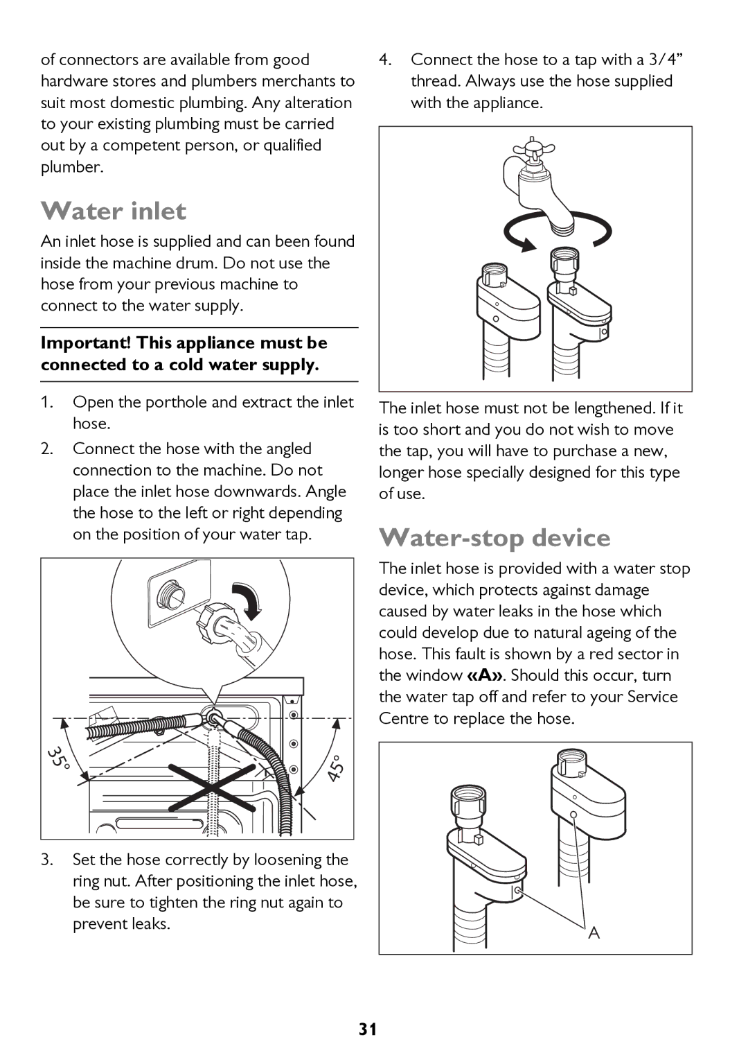 John Lewis JLWM 1604 instruction manual Water inlet, Water-stop device 