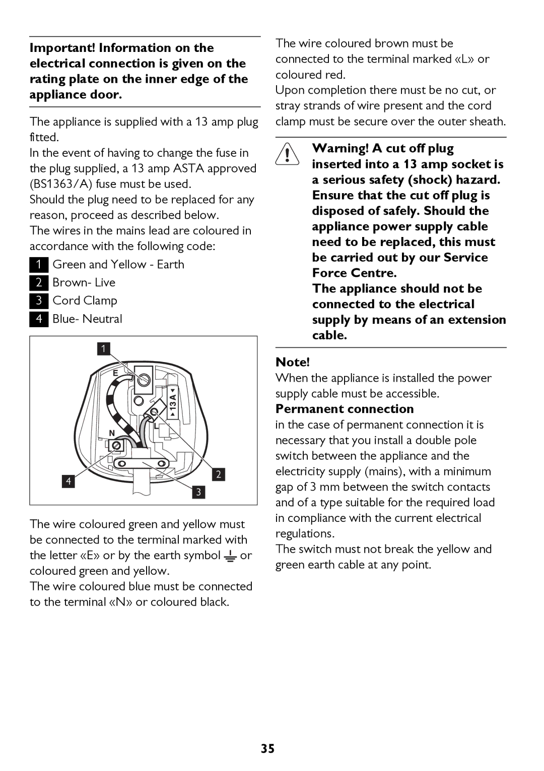 John Lewis JLWM 1604 instruction manual Appliance is supplied with a 13 amp plug fitted, Permanent connection 