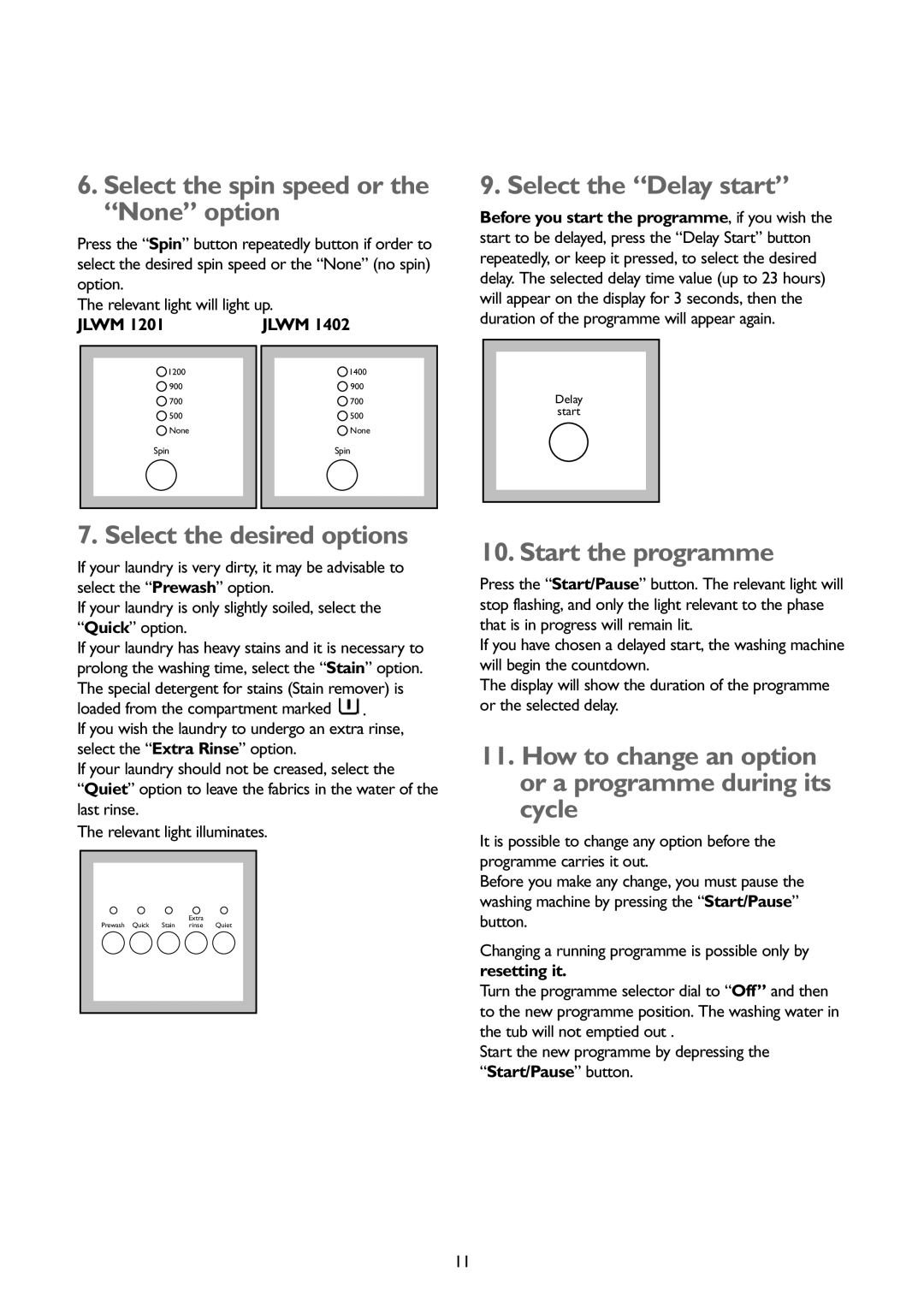 John Lewis JLWM1402 1400 Select the spin speed or the None option, Select the Delay start, Select the desired options 