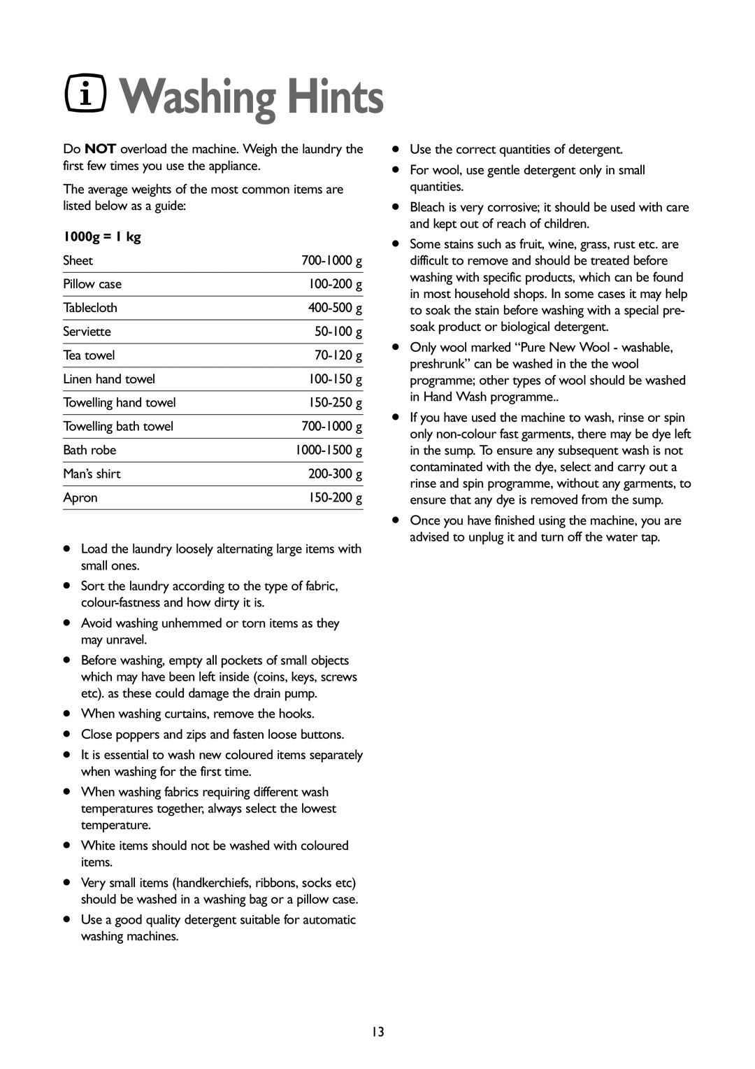 John Lewis JLWM1402 1400 instruction manual Washing Hints, 1000g = 1 kg, Sheet, Bath robe 