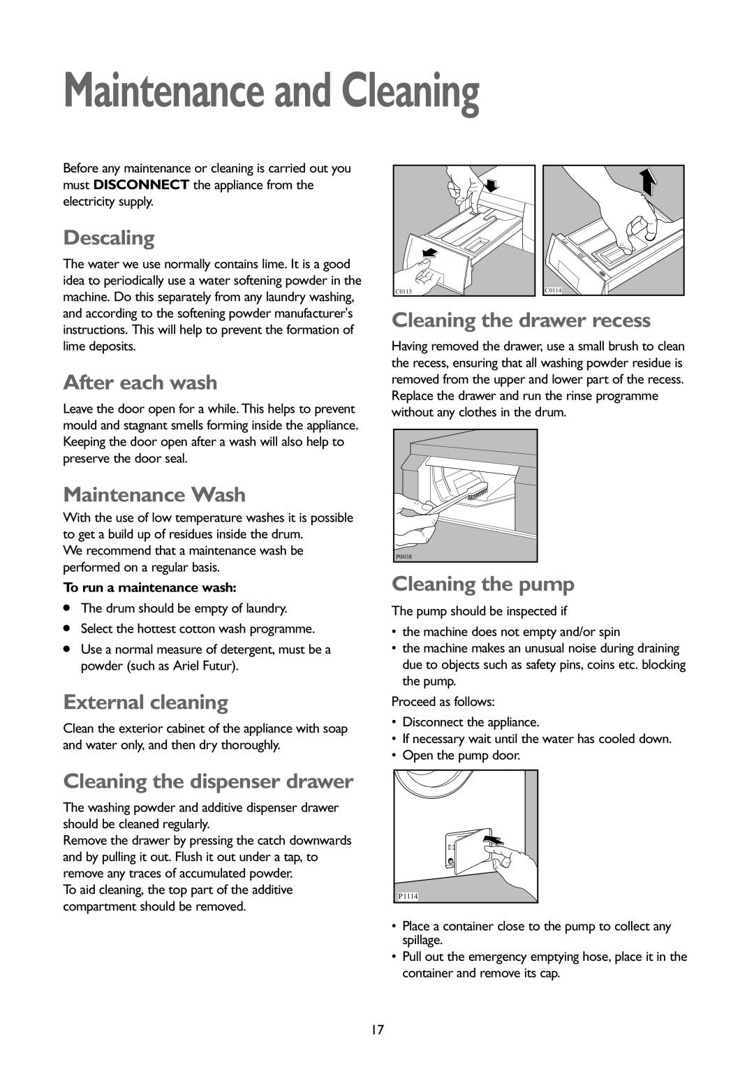 John Lewis JLWM1402 1400 instruction manual Maintenance and Cleaning 