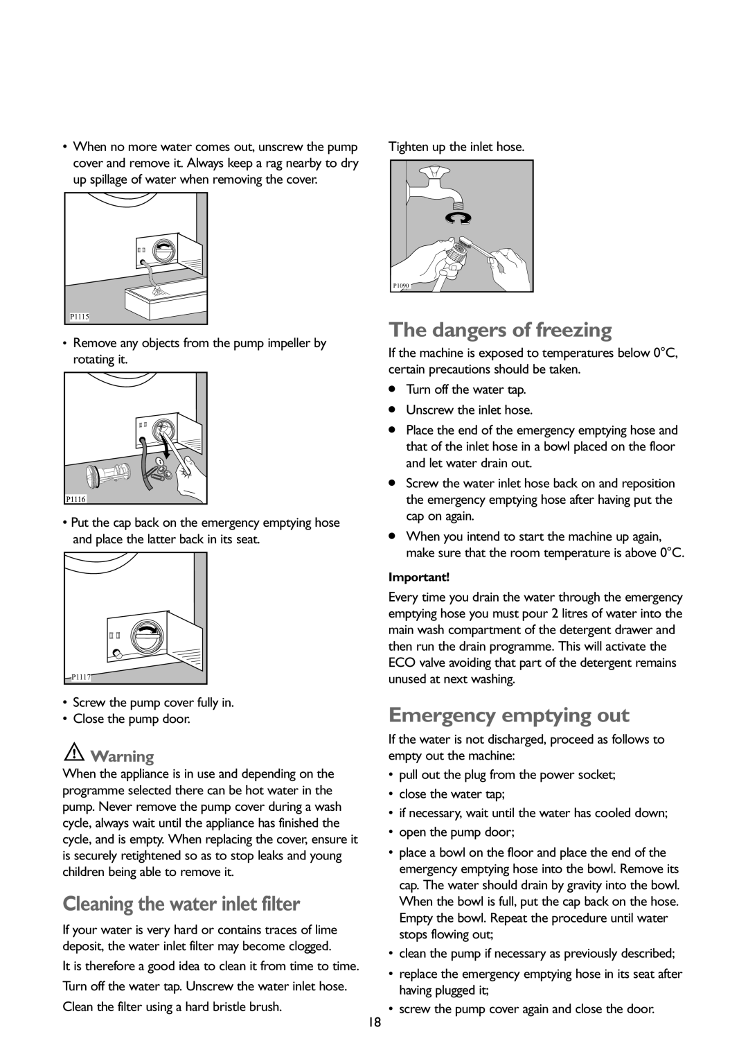 John Lewis JLWM1402 1400 instruction manual Cleaning the water inlet filter, Emergency emptying out 