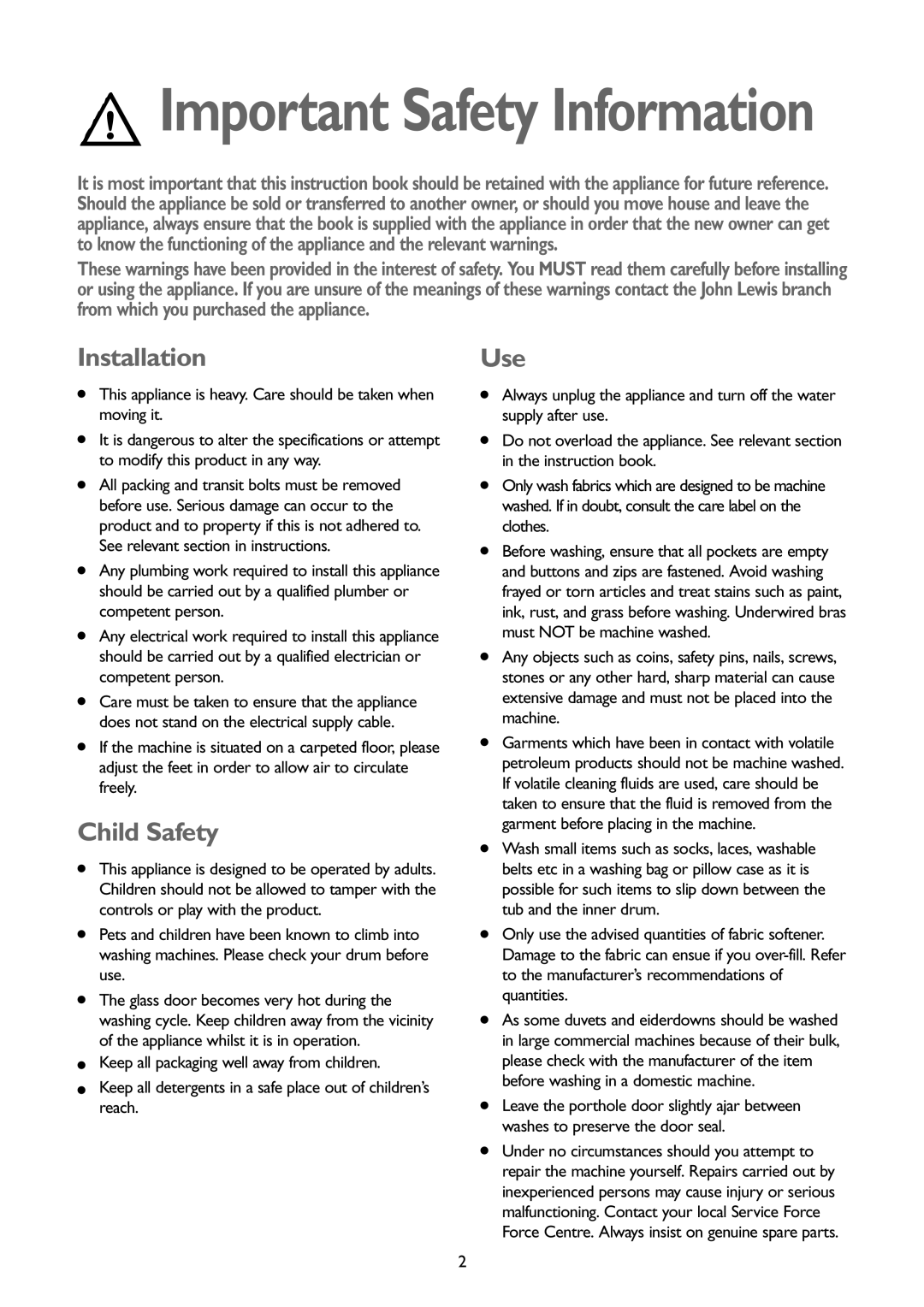 John Lewis JLWM1402 1400 instruction manual Installation, Child Safety, Use 