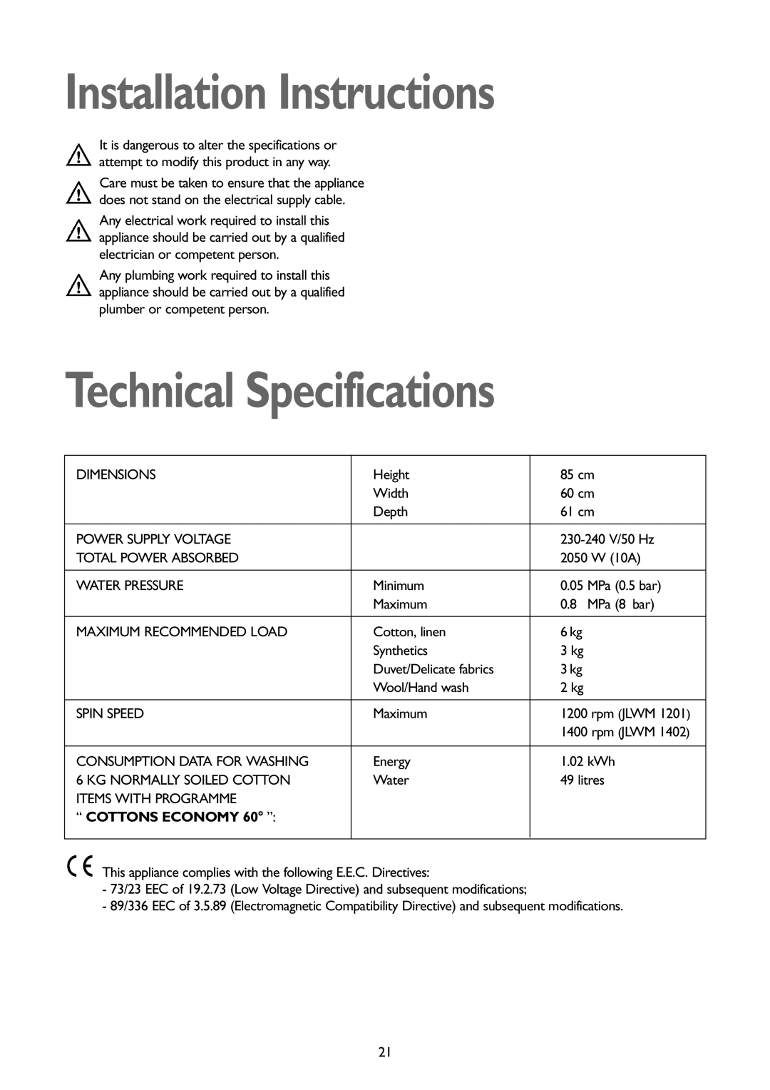 John Lewis JLWM1402 1400 instruction manual Installation Instructions, Technical Specifications 