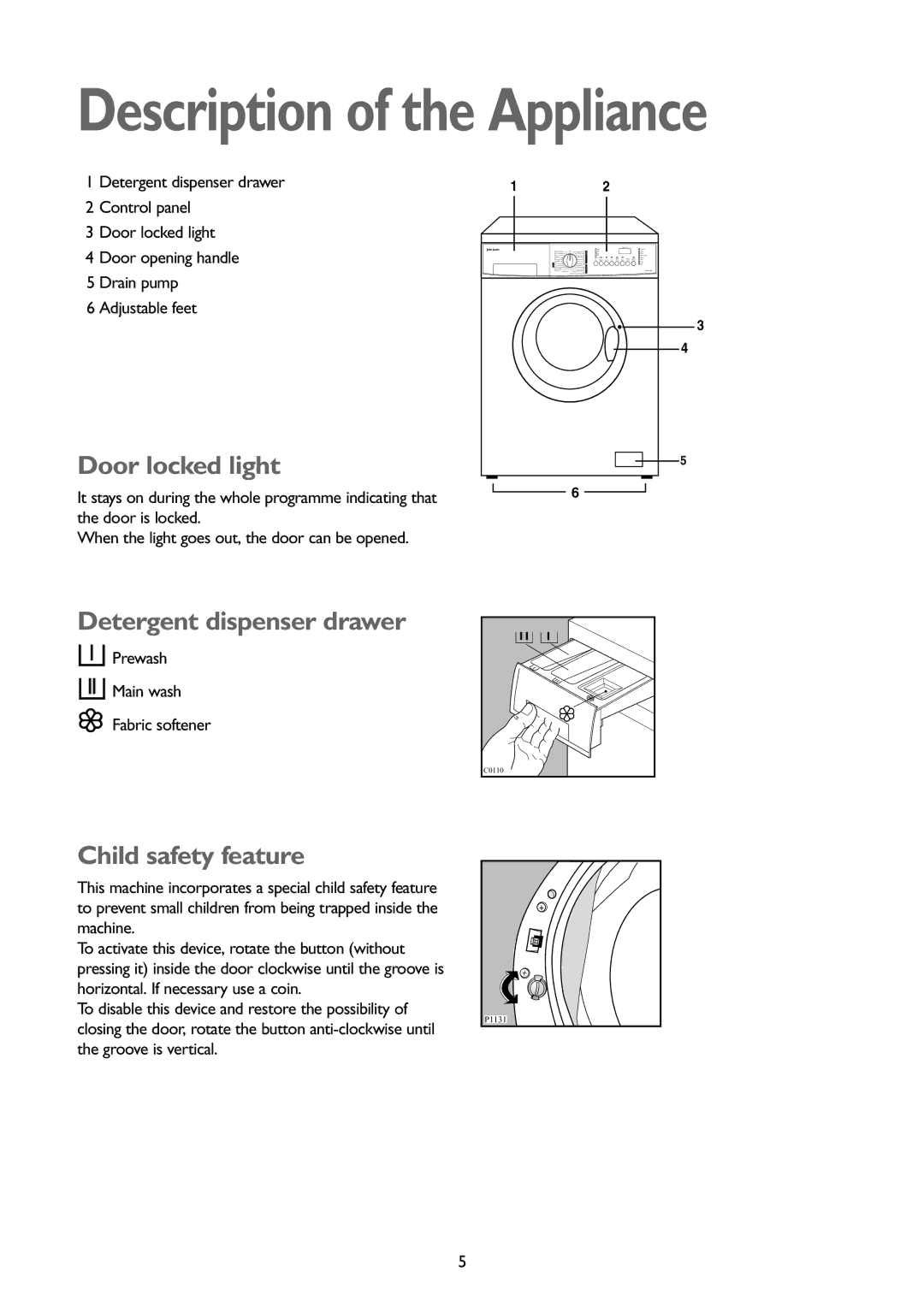 John Lewis JLWM1402 1400 Description of the Appliance, Door locked light, Detergent dispenser drawer, Child safety feature 