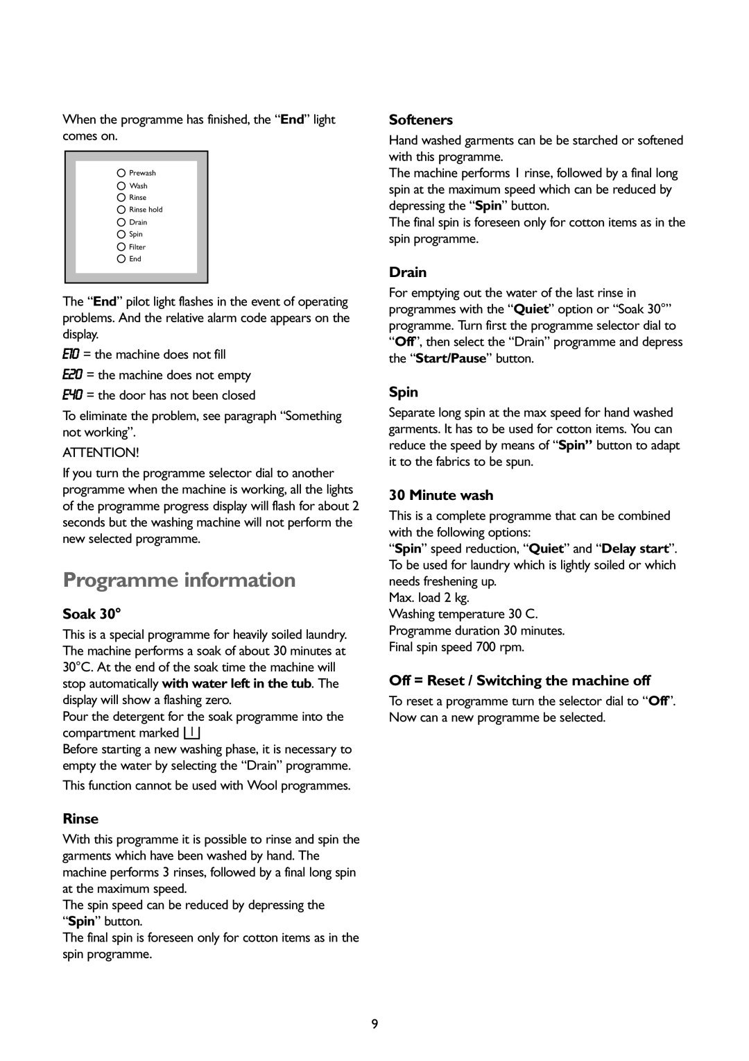 John Lewis JLWM1402 1400 instruction manual Programme information, When the programme has finished, the End light comes on 