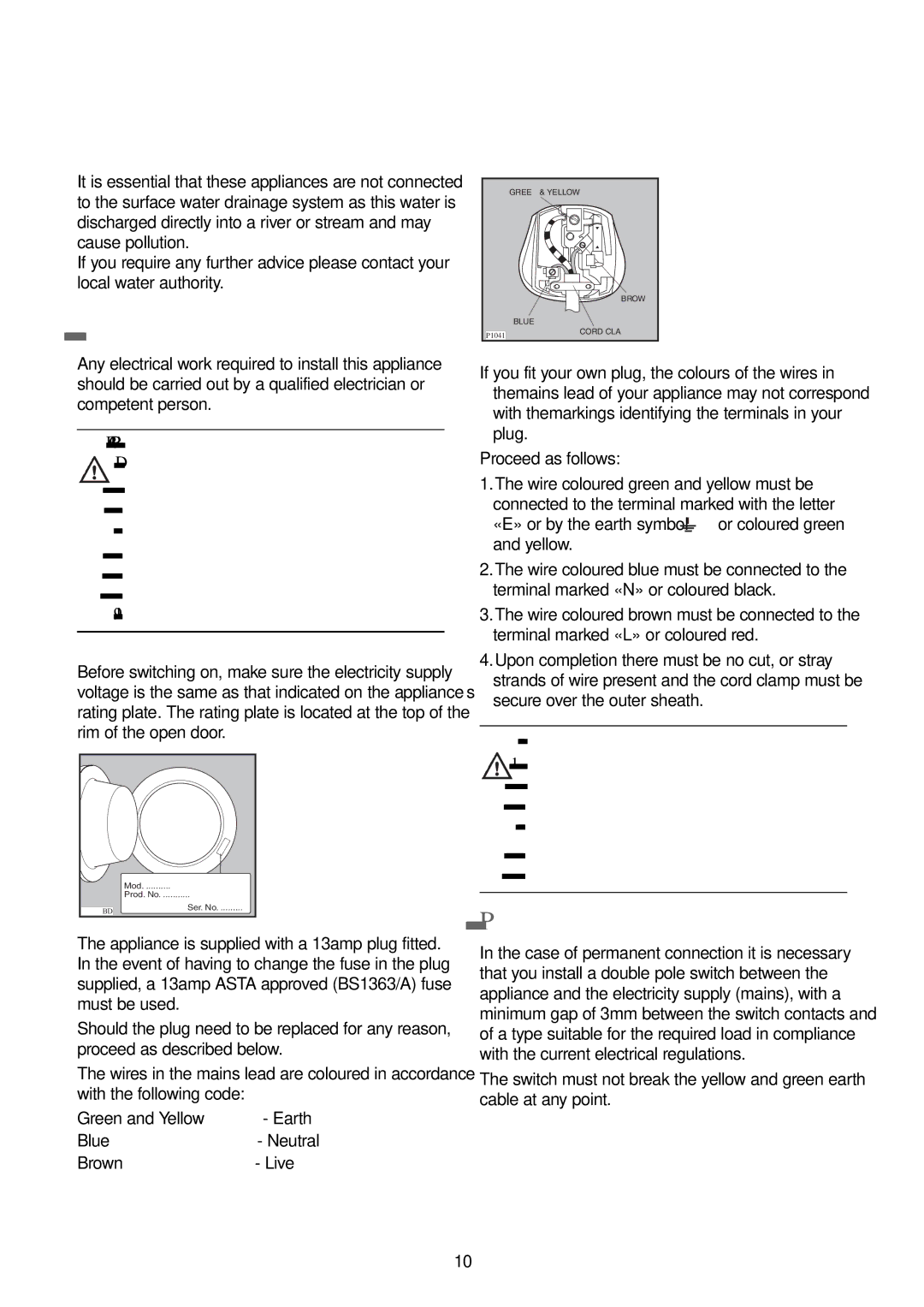 John Lewis JLWM1403, JLWM1202 instruction manual Electrical connection, Permanent connection, Blue- Neutral Brown- Live 