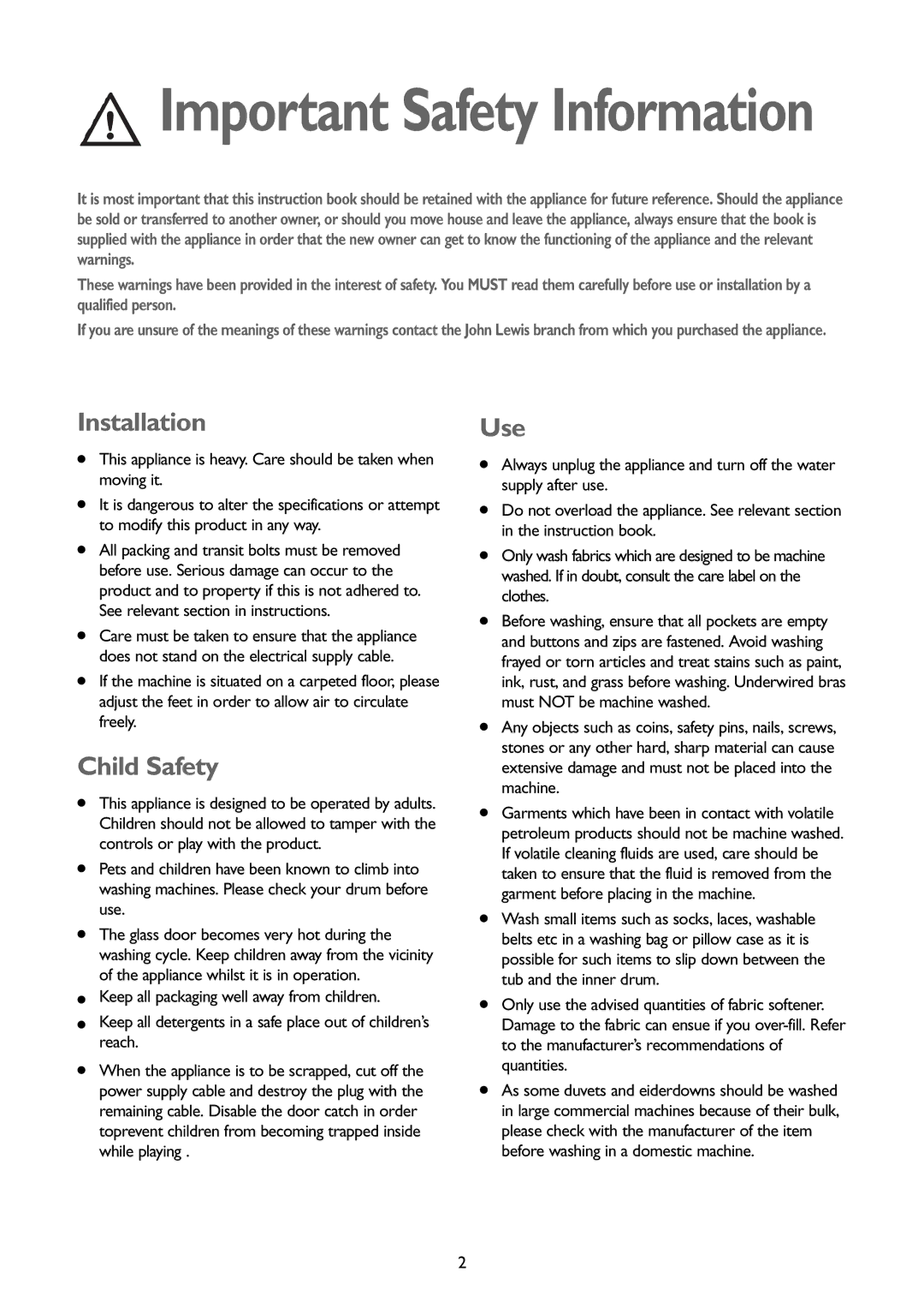 John Lewis JLWM1403, JLWM1202 instruction manual Installation, Child Safety, Use 