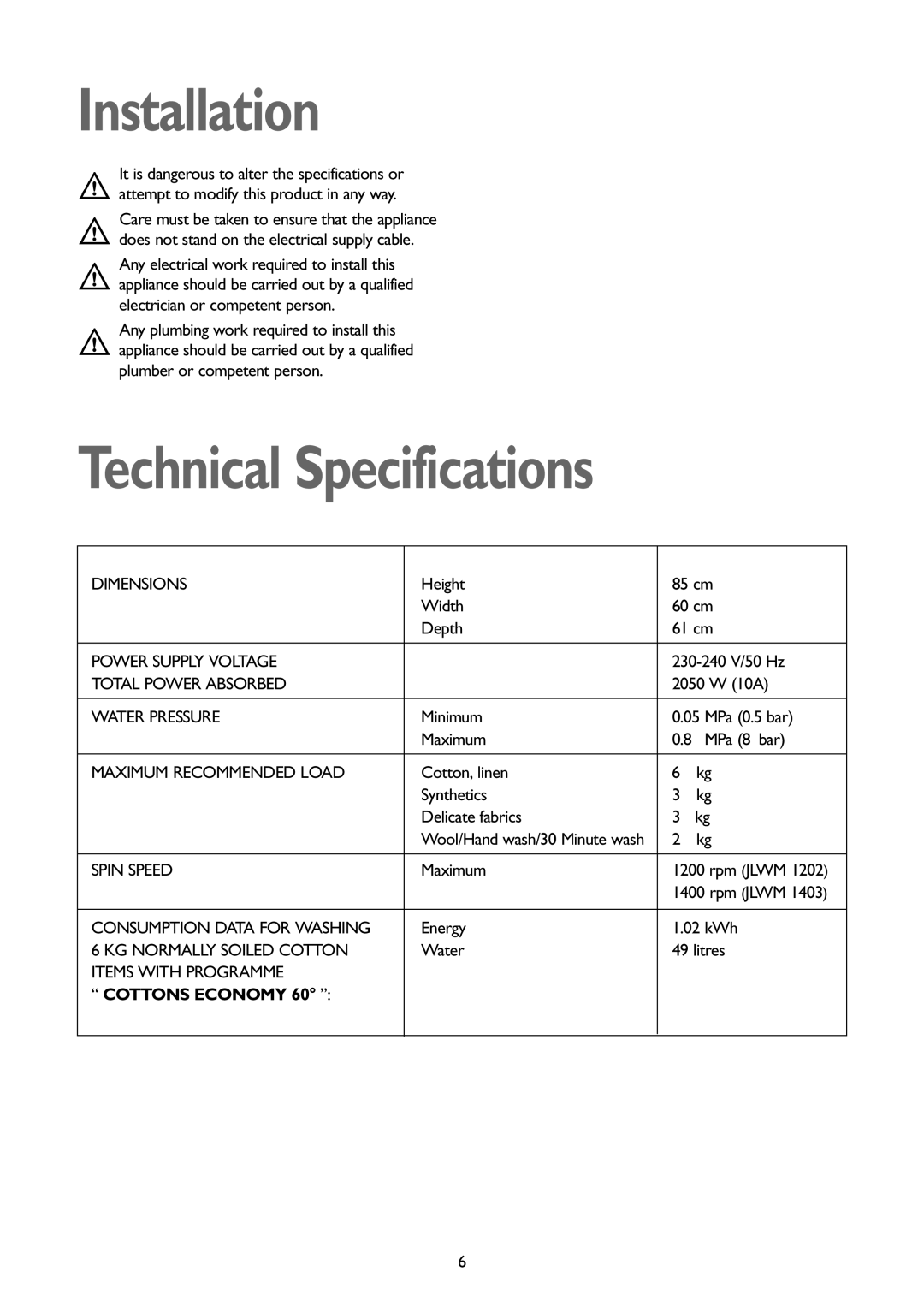 John Lewis JLWM1403, JLWM1202 instruction manual Installation, Technical Specifications 