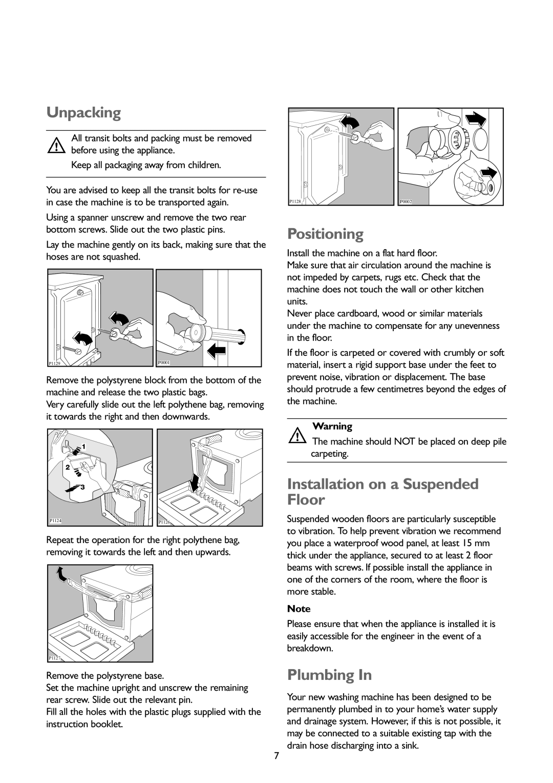 John Lewis JLWM1202, JLWM1403 instruction manual Unpacking, Positioning, Installation on a Suspended Floor, Plumbing 