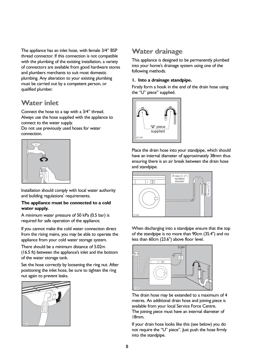 John Lewis JLWM1403, JLWM1202 Water inlet, Water drainage, Appliance must be connected to a cold water supply 