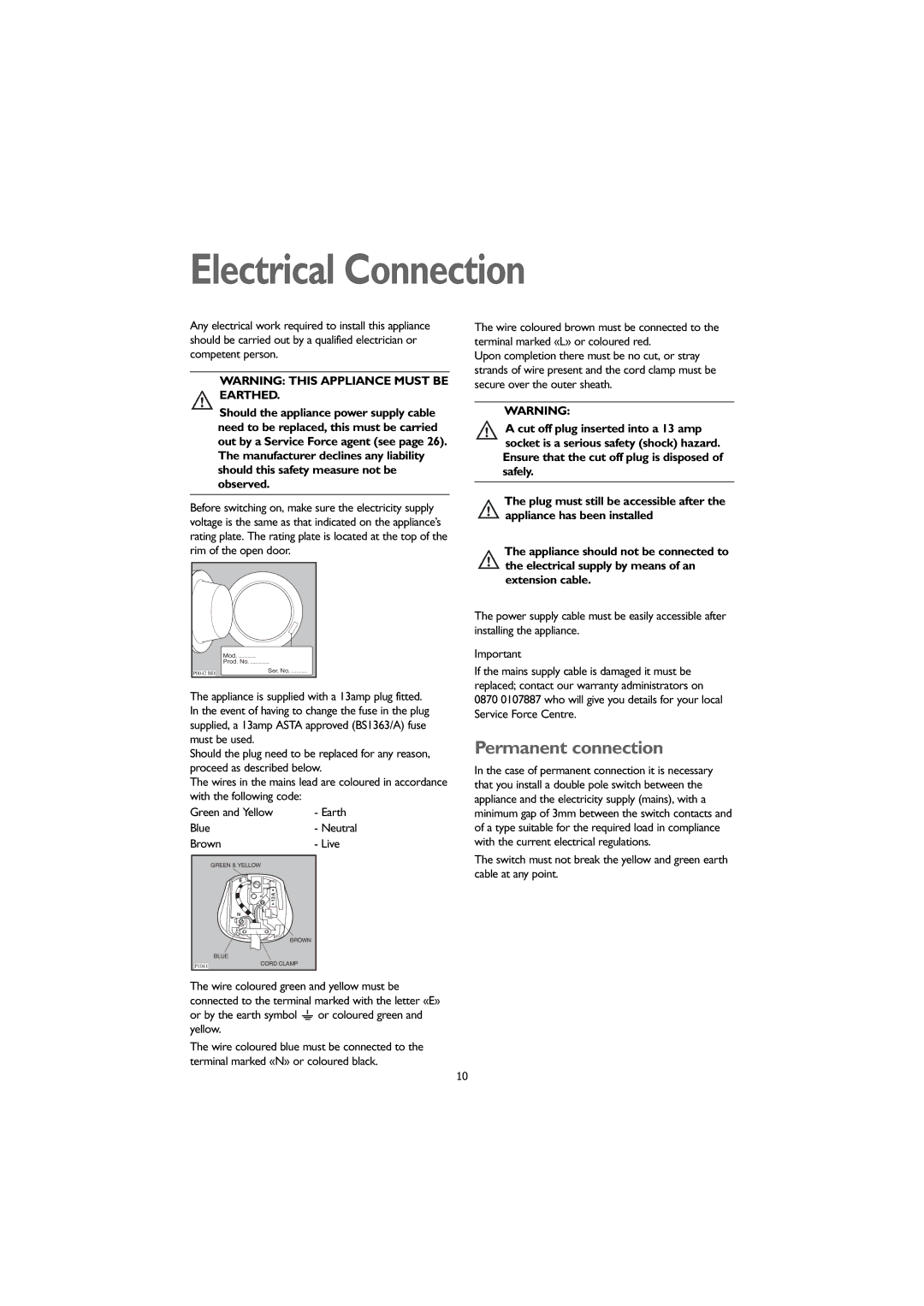 John Lewis JLWM1405 instruction manual Electrical Connection, Permanent connection 